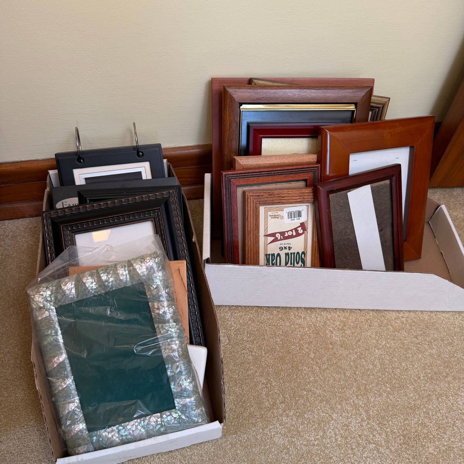 Group of frames with natural, cherry, black, and mother-of-pearl finish, most are 3x5, 4x6, and 5x7 Group of frames with natural, cherry, black, and mother-of-pearl finish, most are 3x5, 4x6, and 5x7