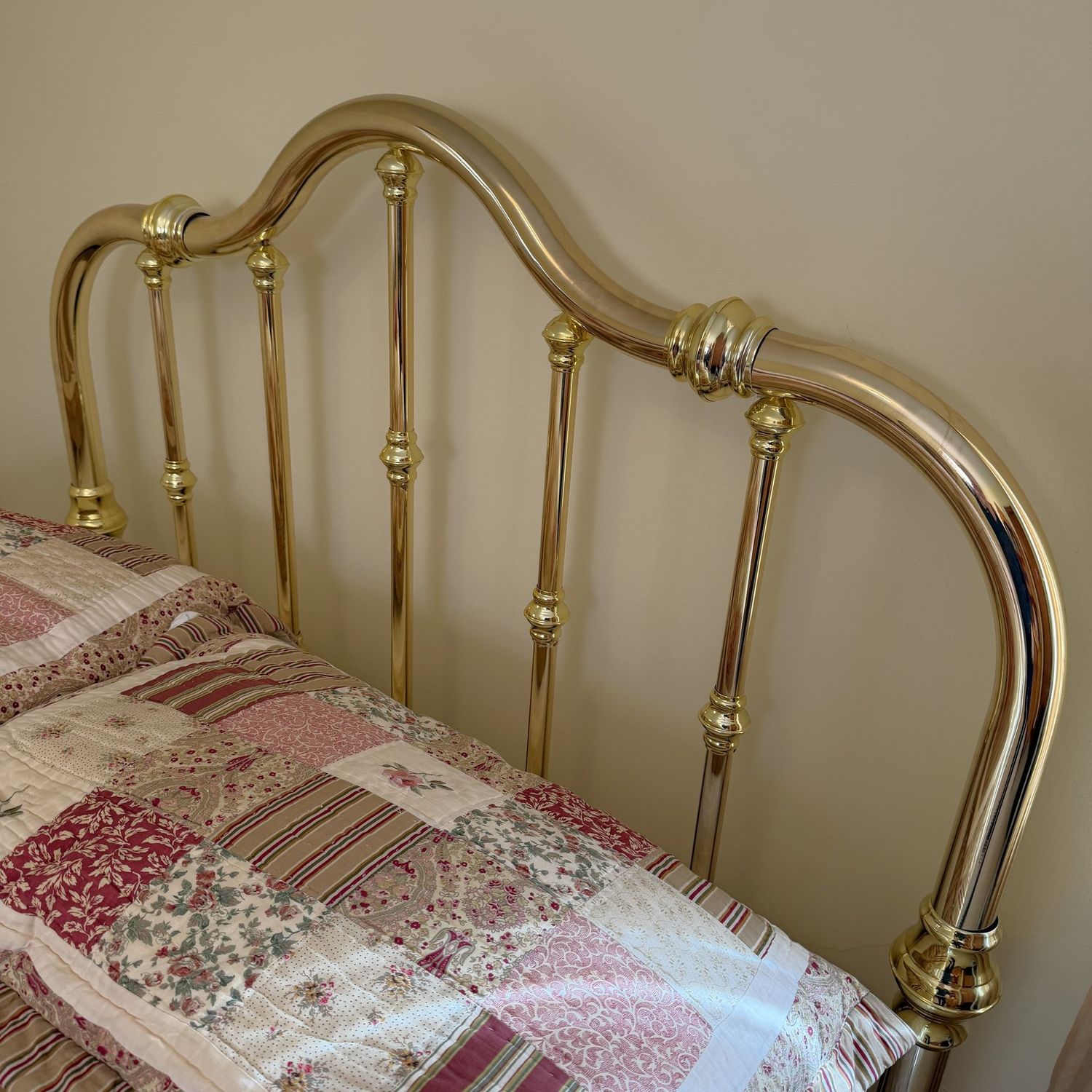 Full-size tubular metal headboard with brass finish, and bedframe, nice condition, headboard is approx. 52"H x 60"W (This item is upstairs and will require disassembly)