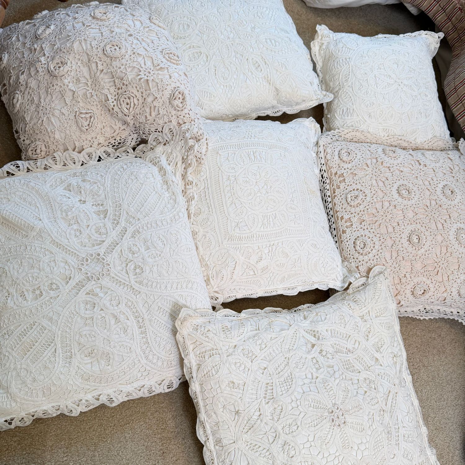 Crochet and lace accent, throw pillows, some wear, the widest is 14 Crochet and lace accent, throw pillows, some wear, the widest is 14"