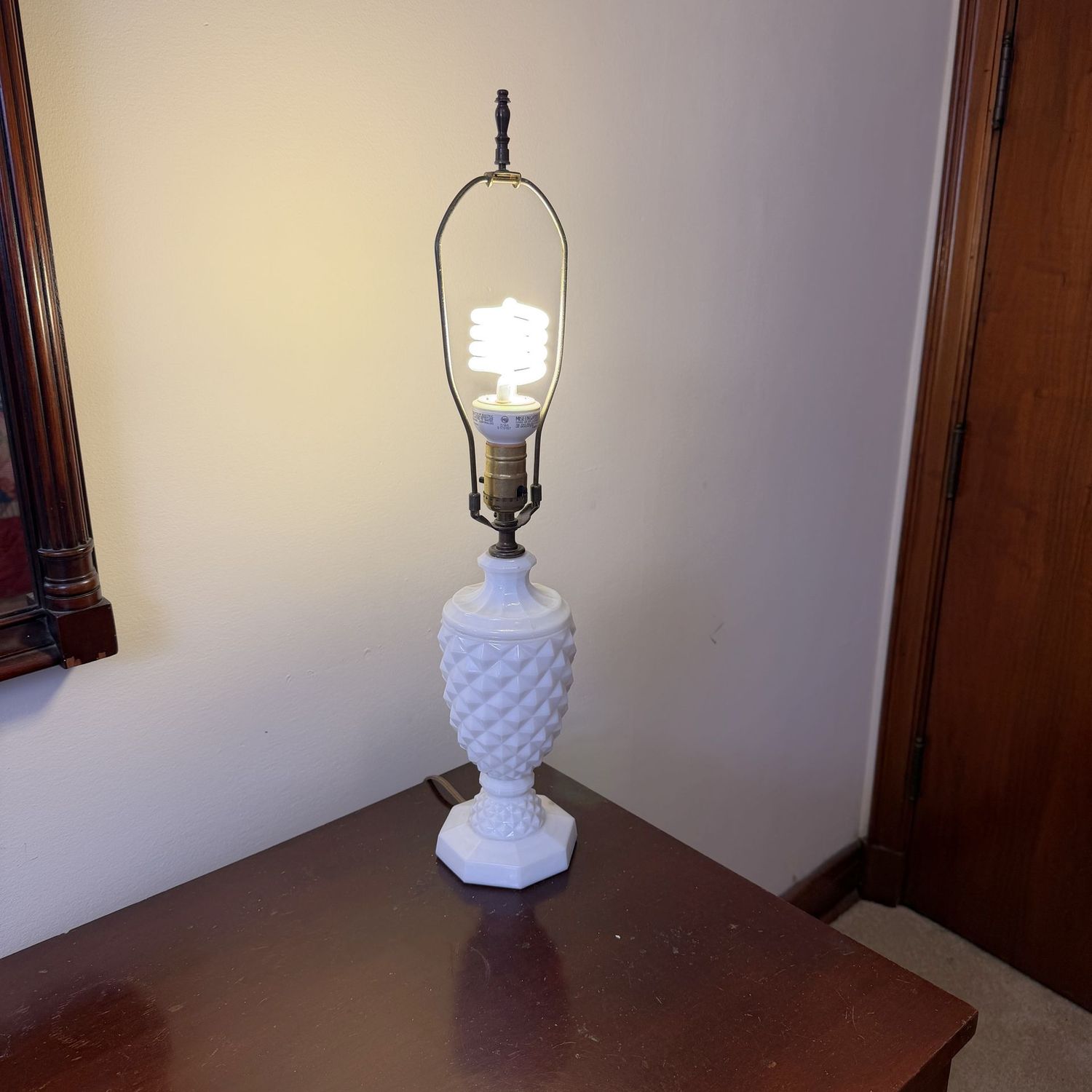 Milk glass table lamp with diamond pattern, no shade, 22"H