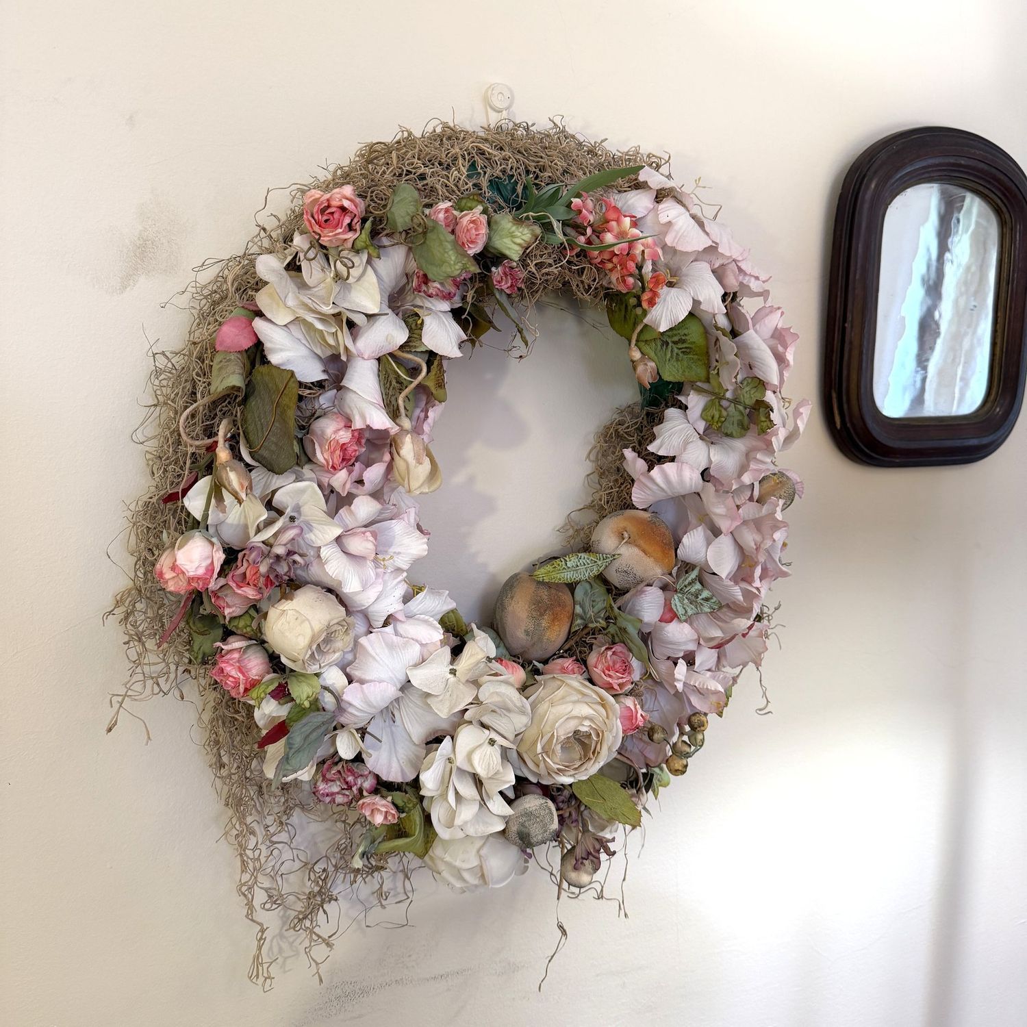 Large wreath with pale pink and ivory flowers, moss & fruit accents, 20"W