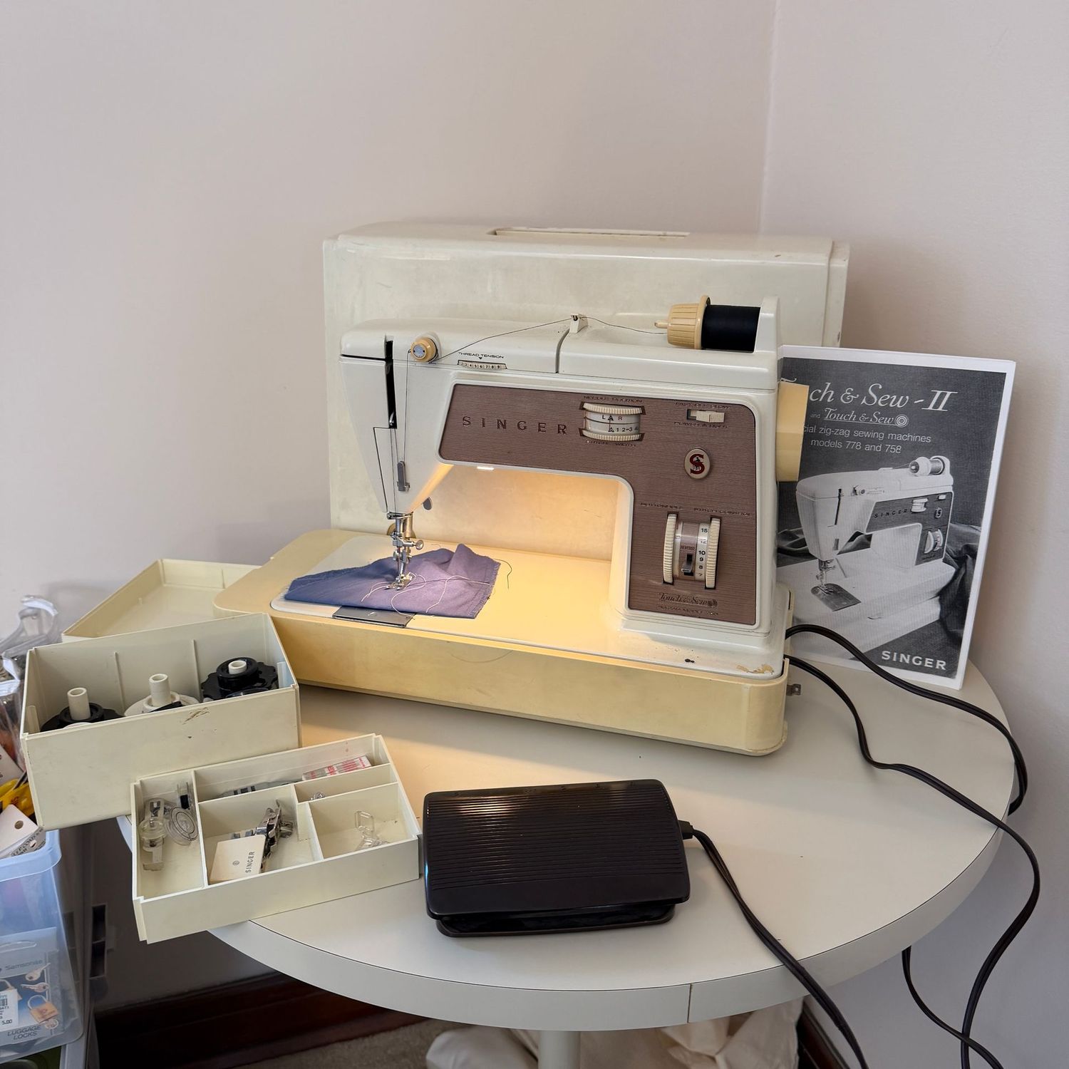 Singer Touch & Sew Sewing Machine with accessory discs, appears to run well on initial test. SEE & HEAR it in the Description (This item is heavy and upstairs)