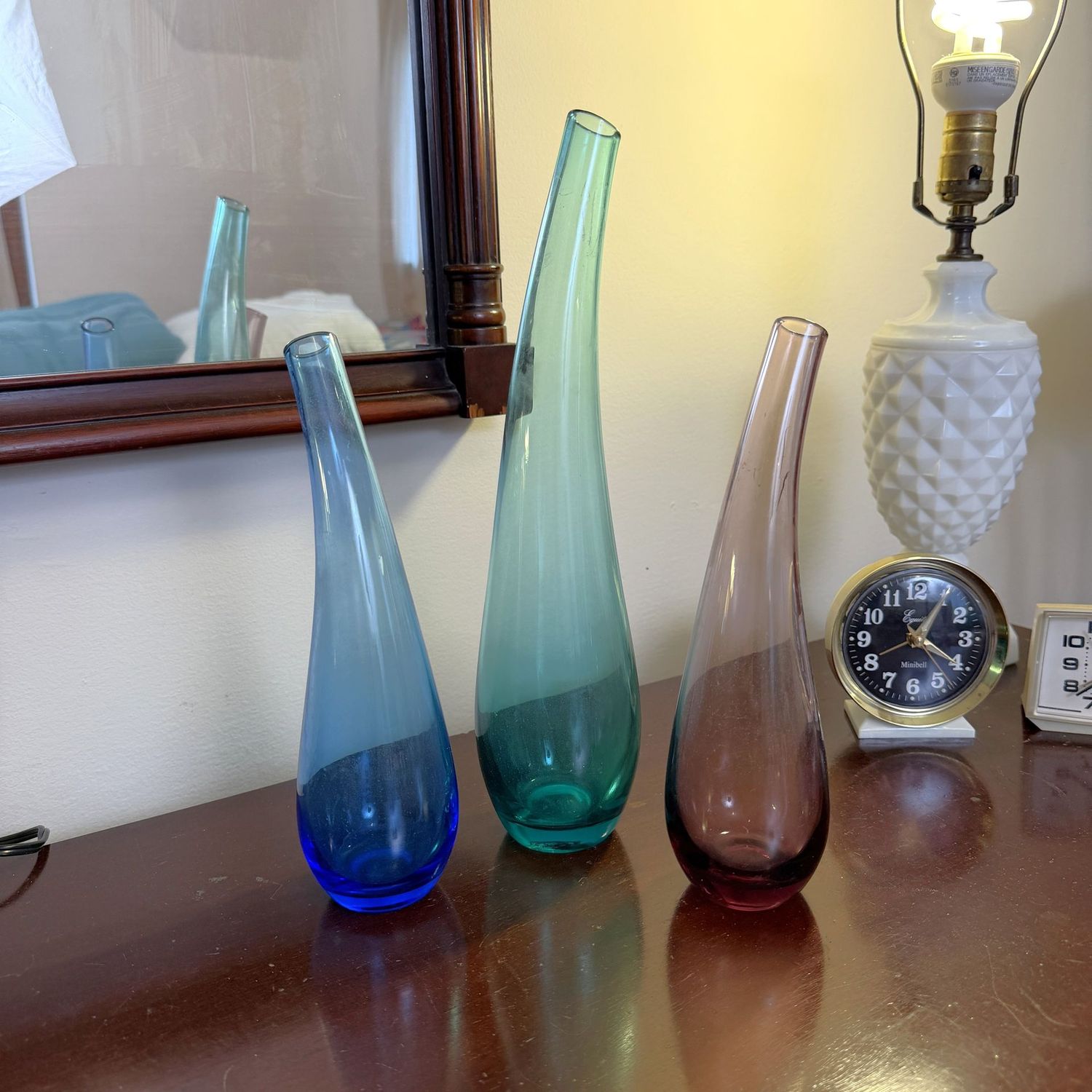Trio of Ikea bent-neck vases, need some cleaning, the tallest is 12"