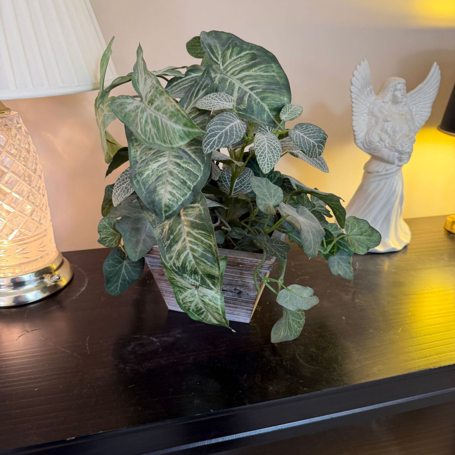 Decorative rustic wood planter with vining plant arrangement, 13"H x 12"W