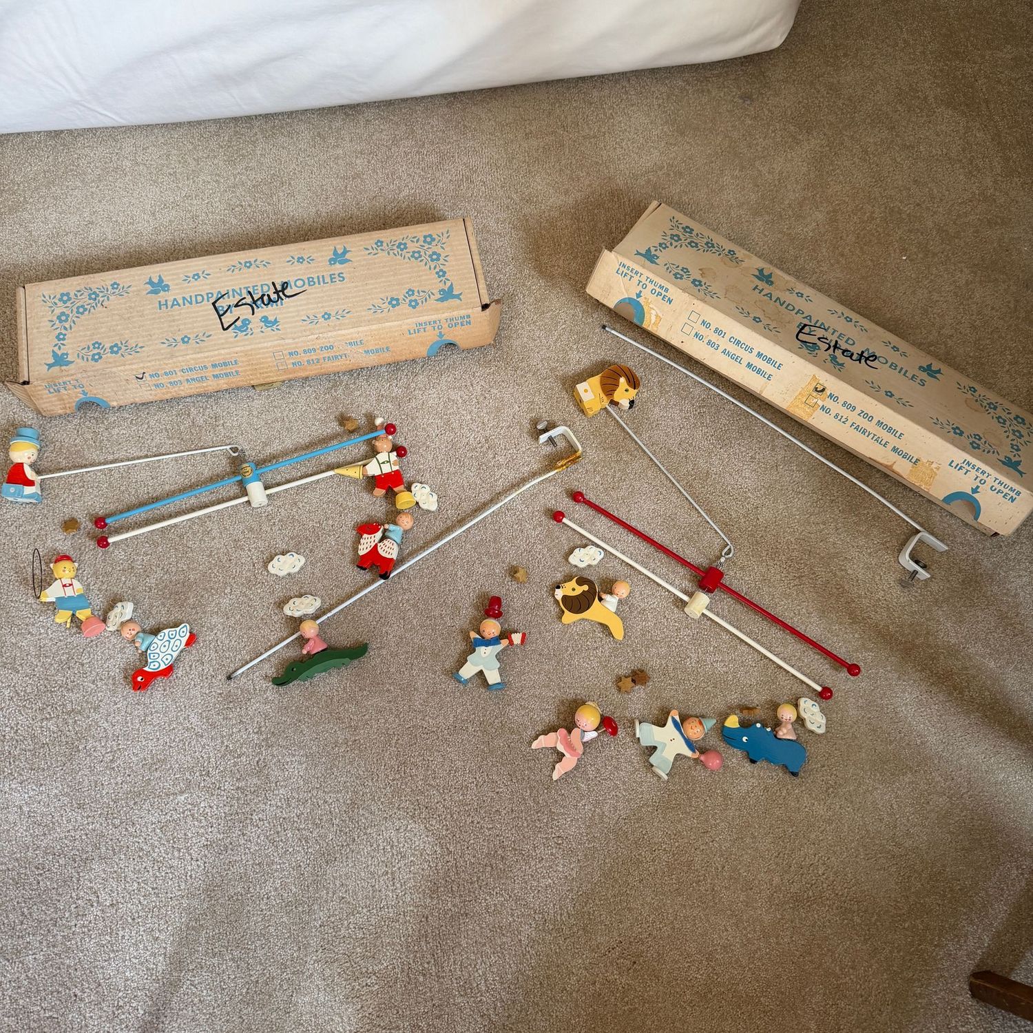 Two hand-painted Vintage mobiles by Irmi, appear unused, Zoo and Circus Two hand-painted Vintage mobiles by Irmi, appear unused, Zoo and Circus