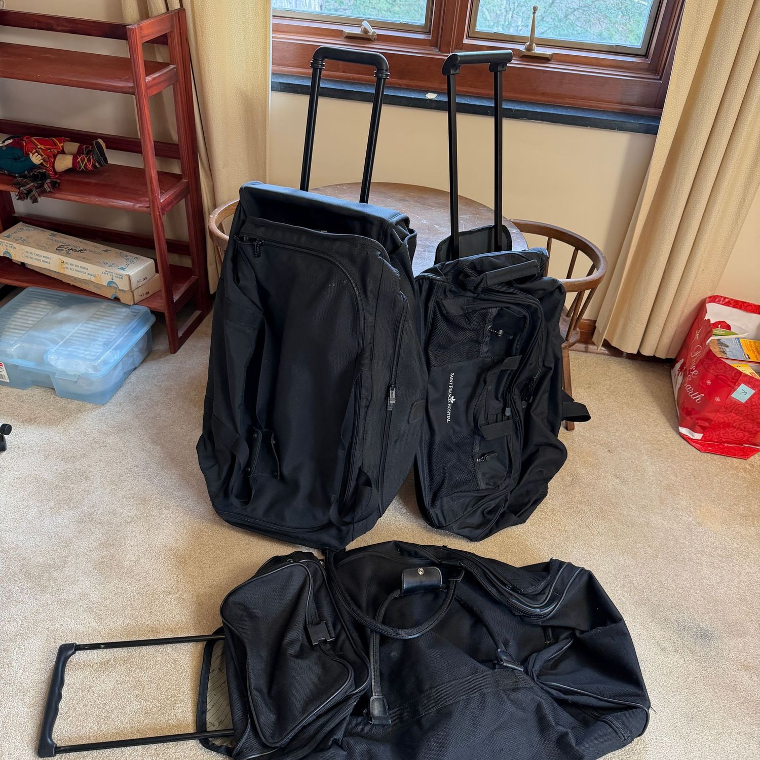 Three large duffle bags, thick fabric, perfect for travel & away camp, each rolls, all approx. 30"L x 18"W