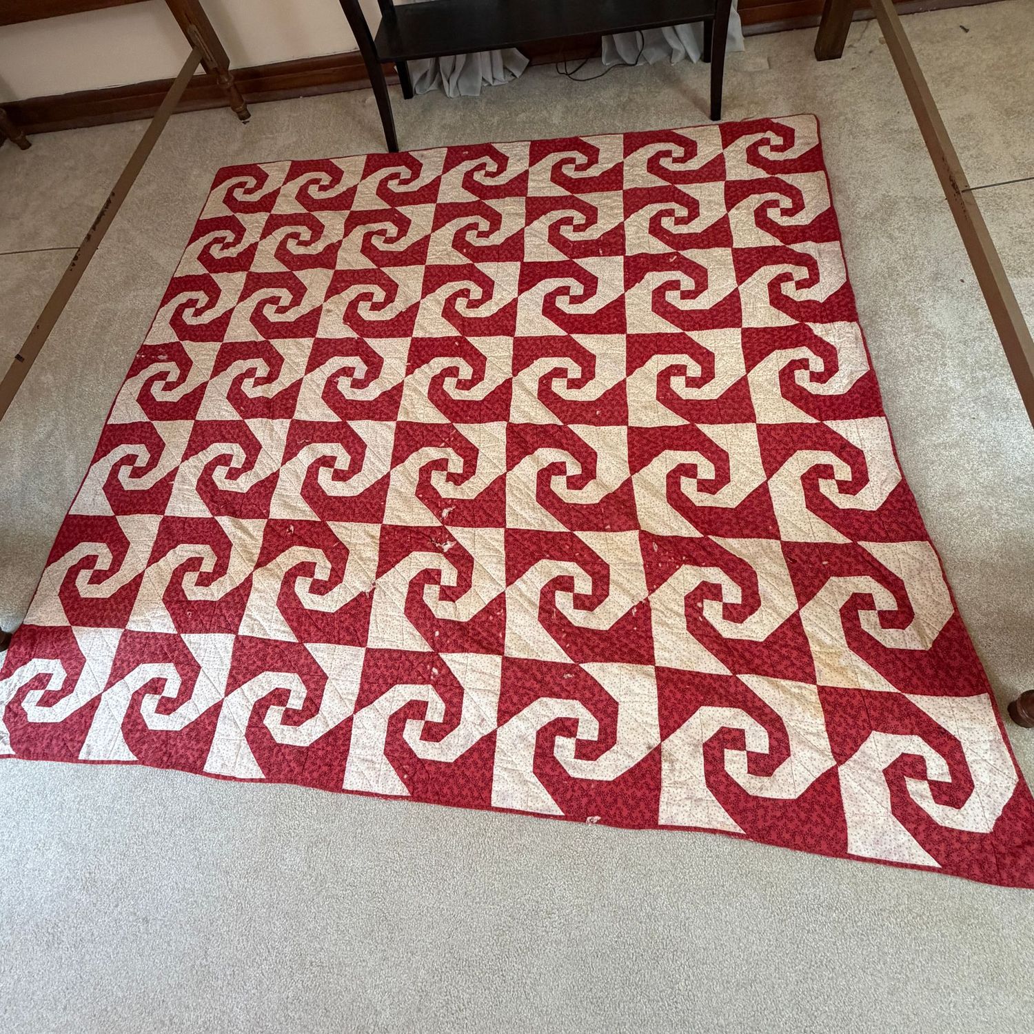 Hand-made snail trail geometric quilt, some worn/torn areas,  6'4" x 6'4"