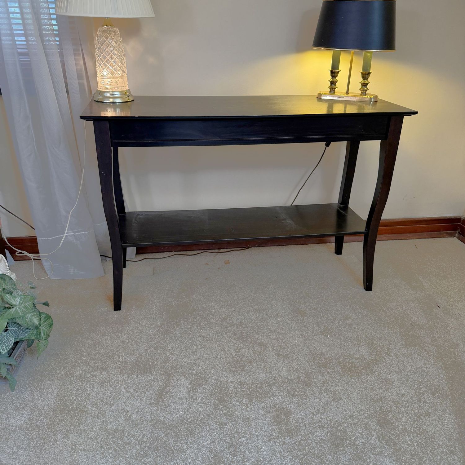 Hall, sofa table with lower shelf, dark mahogany finish (almost black), top shows some cup rings and scratches (see photos) 26"H x 42"W x 14"D