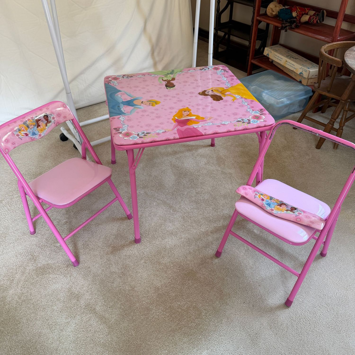 Disney Princess padded child's size 24 Disney Princess padded child's size 24" table and chairs, one chair back needs repair