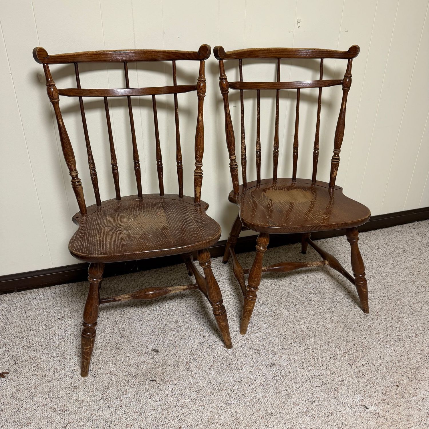 Pair of spindle side chairs, some scratches and wear, (Item is in the lower level) 34"H x 18"W