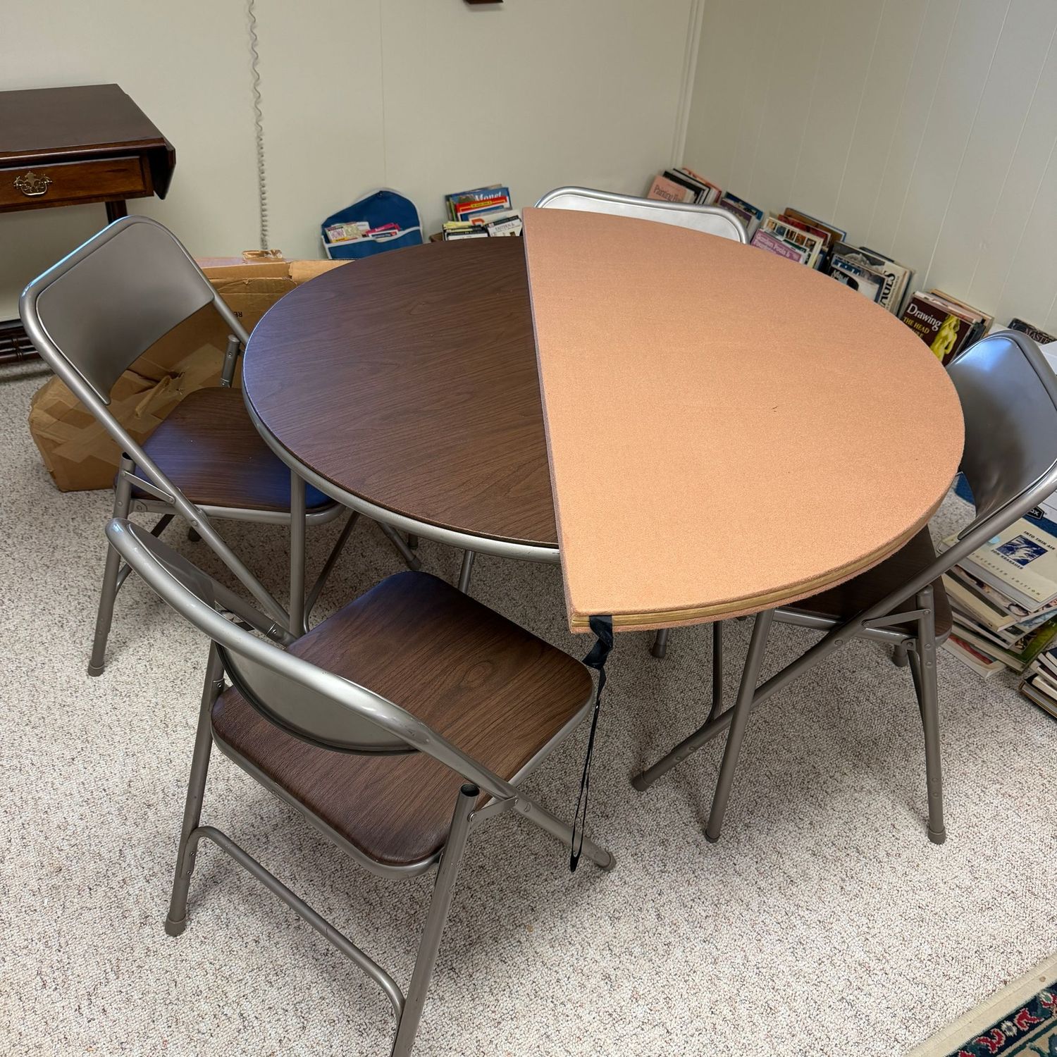Set of 4 Samsonite chairs, round 38" card table, and felted extender cover, with cover is 46"W, nice condition (This item is heavy and in the lower level)