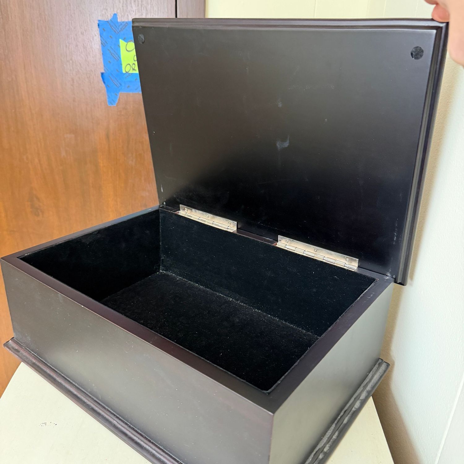 Hinged storage box with rich dark brown finish, name plate on lid has been removed, felt interior, 5"H x 10"W x 14"L