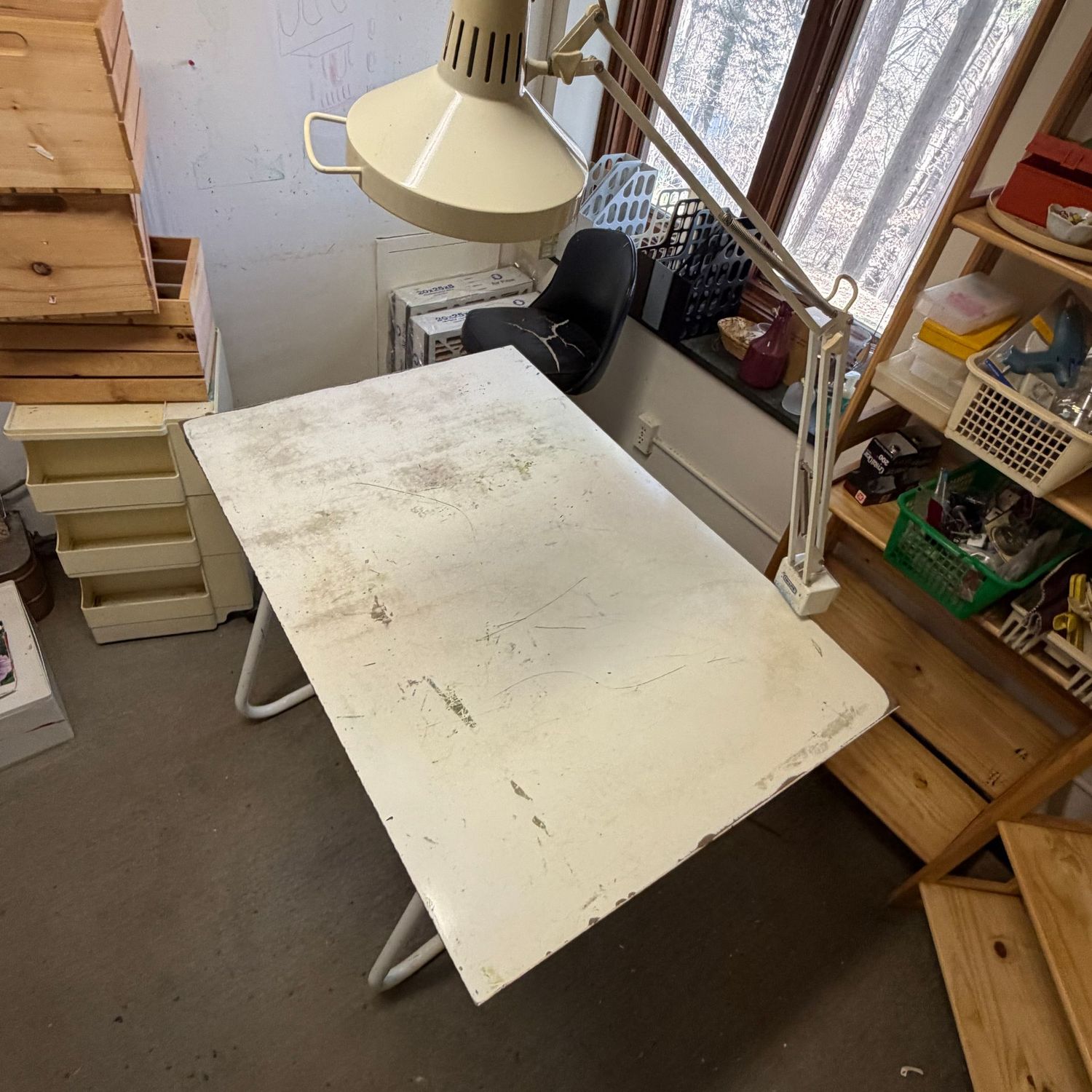 Artist, drafting, craft table with lamp, extra board on top makes table space wider, 32"H x 46"W x 31"D (This item is heavy and in the lower level)