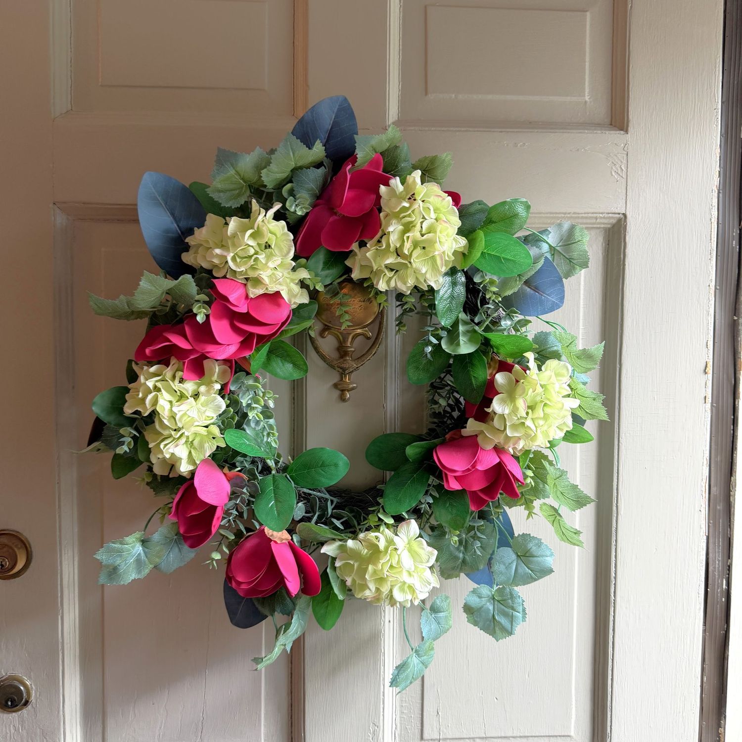 Colorful wreath with pink flowers, hydrangeas, and greenery, 20"