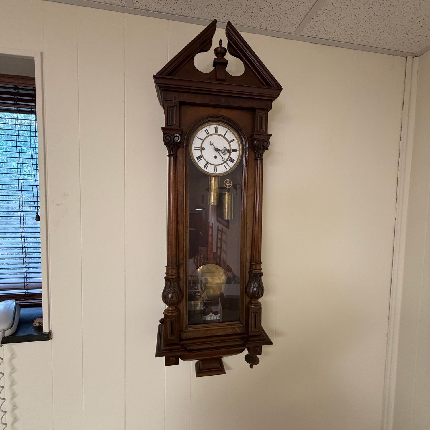 Vienna-style regulator clock, tall case 4'4'L x 16 Vienna-style regulator clock, tall case 4'4'L x 16"W, left weight needs re-attached, other work may need done. Lower front spire needs re-glued