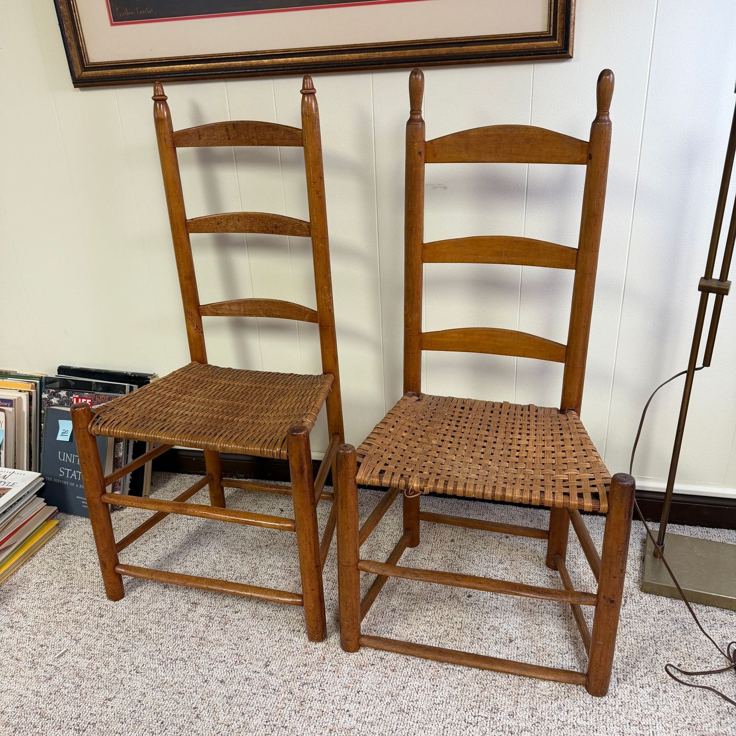 Two Shaker-style antique ladder-back chairs with woven seats, similar in style, 36"H x 18"W (This item is in the lower level)