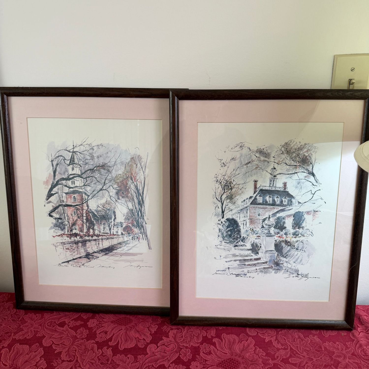 Bruton Parish Church and the Governor's Palace in Colonial Williamsburg framed prints by John Haymson, pink matting, 19" x 15"