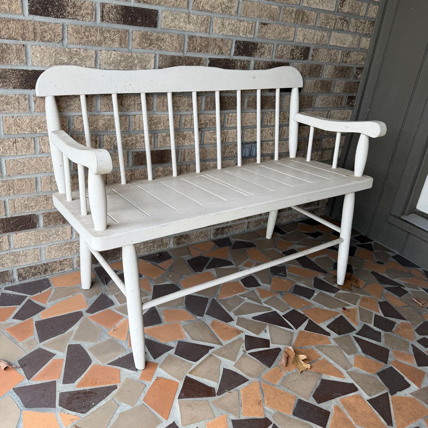 Cream, painted wooden bench, great for decoration or plants unless refurbished, is a little too wobbly to be used as a seat, 30"H x 44"L x 21"D