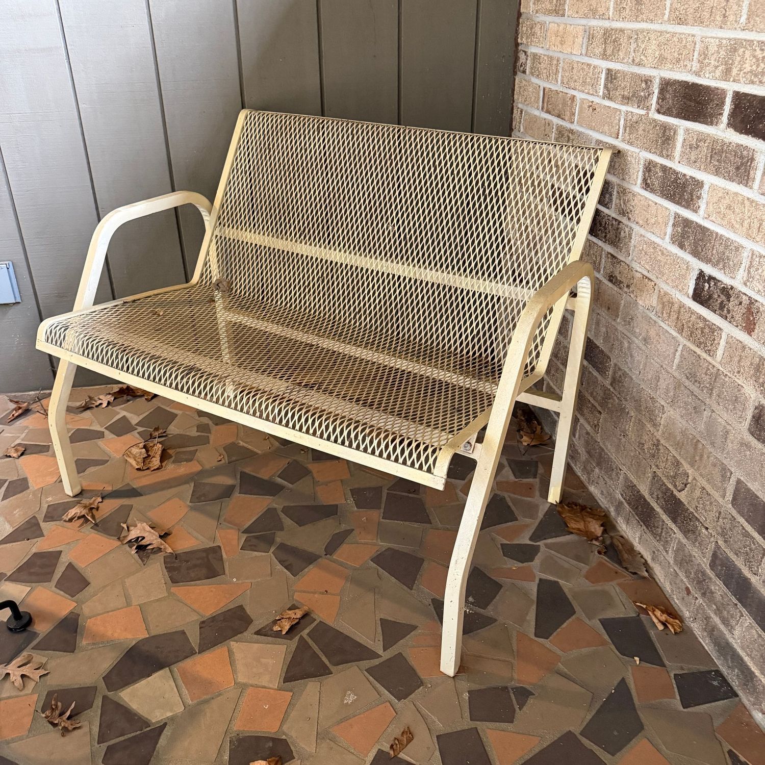 Vintage metal mesh patio settee, bench, mild oxidation to painted finish, 30"H x 39"L