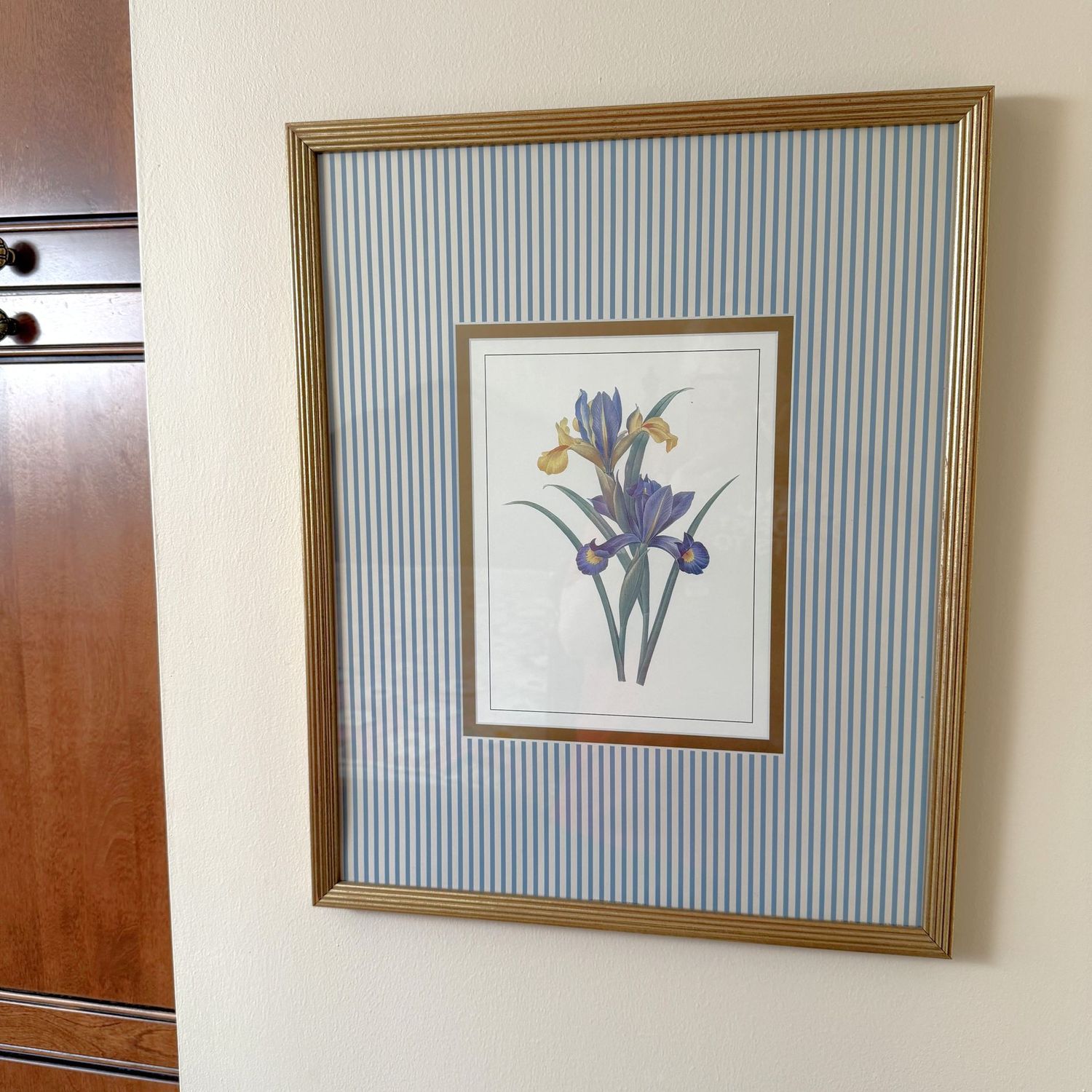 Large purple iris print with striped mat, 21" x 17"