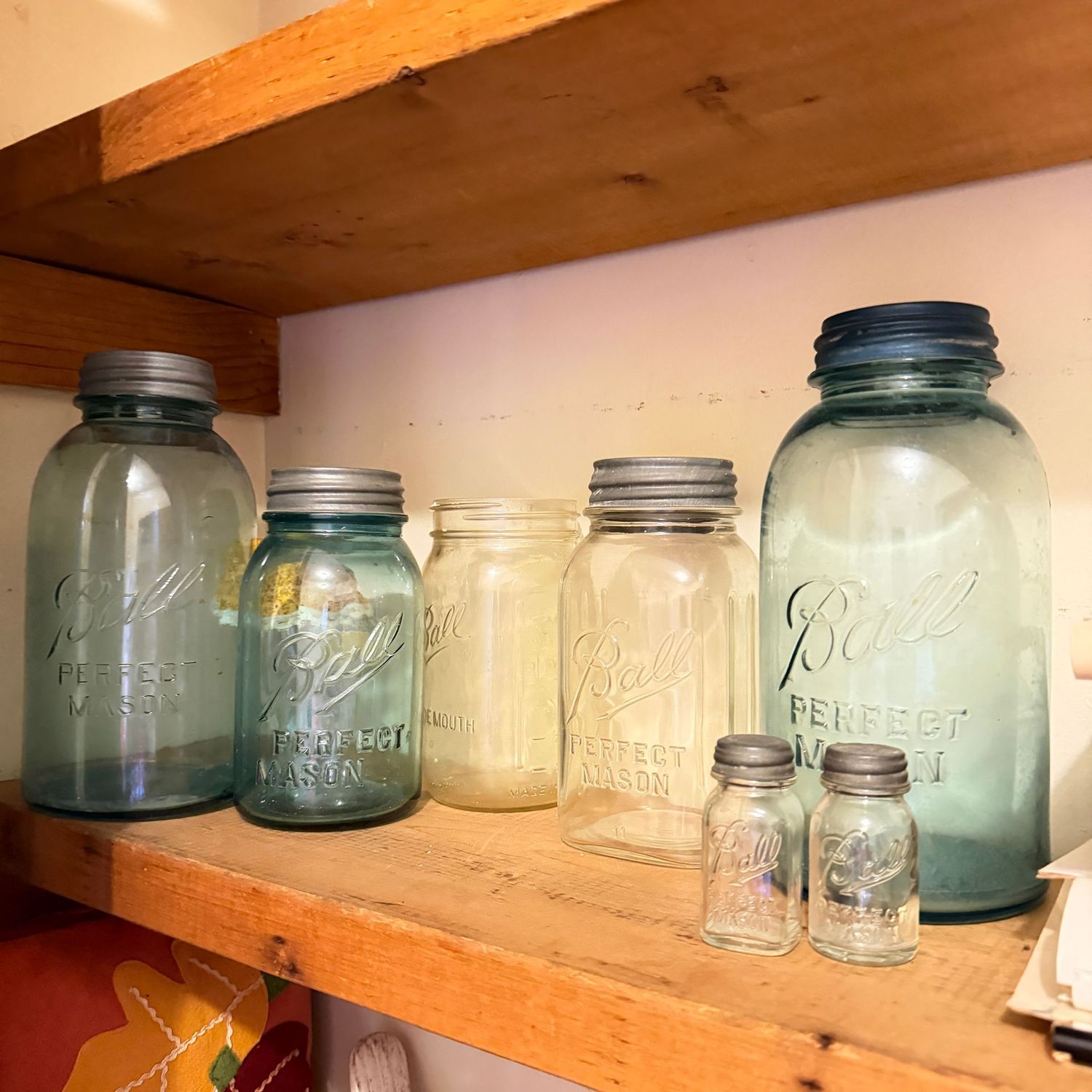 Group of Ball jars, some are blue and have zinc lids, salt & pepper Group of Ball jars, some are blue and have zinc lids, salt & pepper