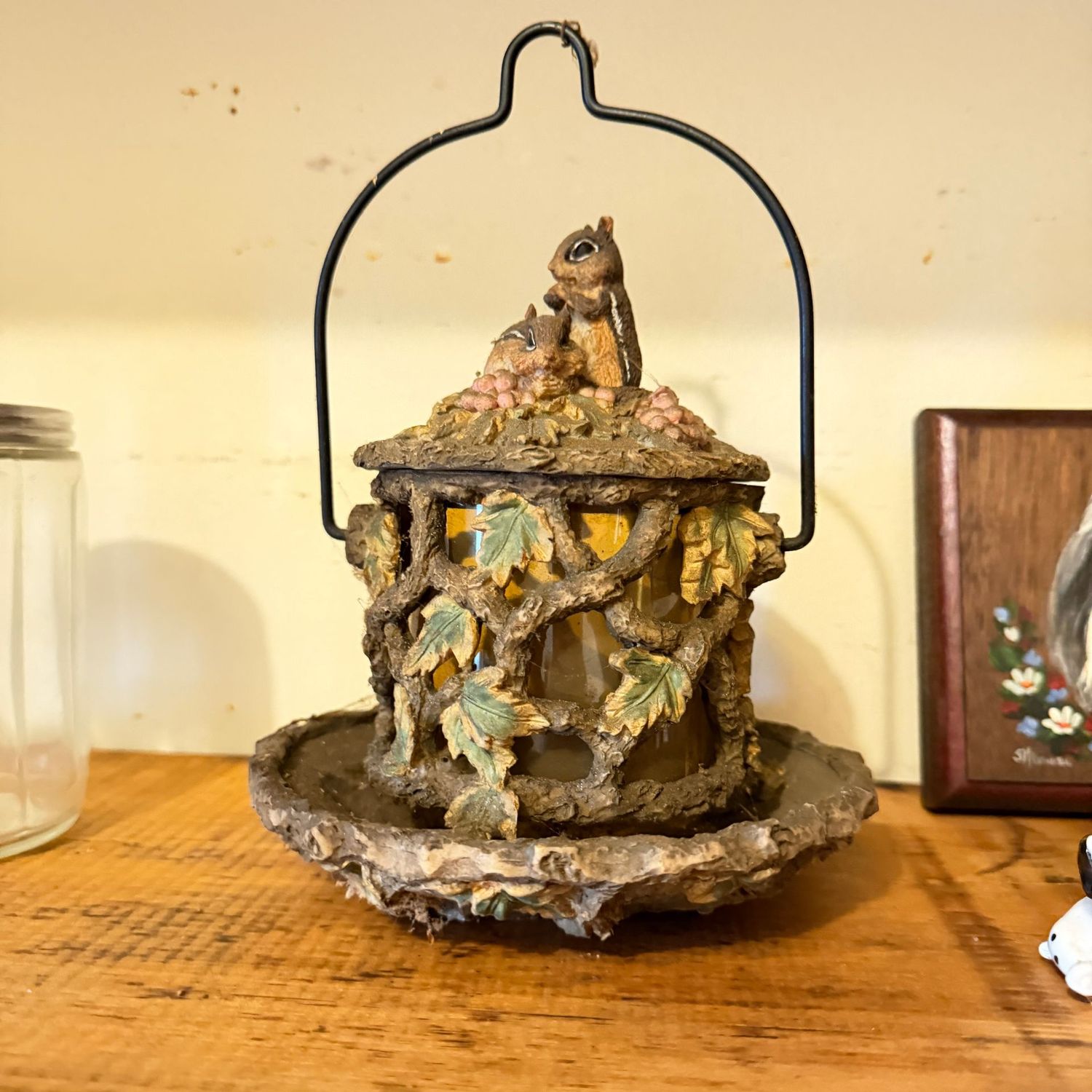 Resin squirrel bird feeder candle holder, 5 Resin squirrel bird feeder candle holder, 5"H