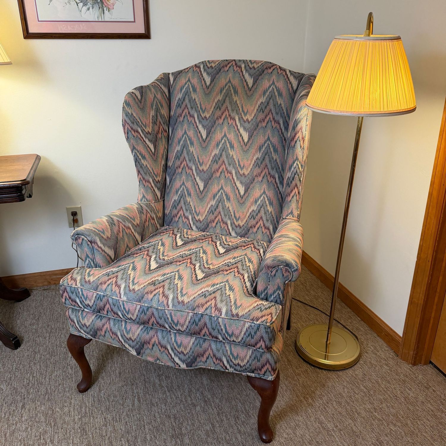 Sam Moore Furniture flame-stitch wingback chair, nice condition, (LL) 40"H x 29"D x 30"W (This item is heavy and in the lower level)