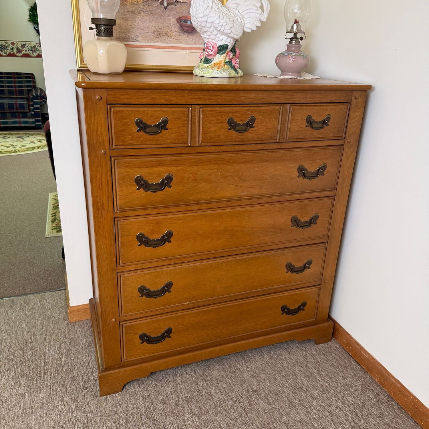 Link Taylor Harvest Oak tall chest, overall nice condition, a few minor spots and scratches, mostly to the top, 46"H x 20"D x 40"W (This item is heavy and in the lower level)