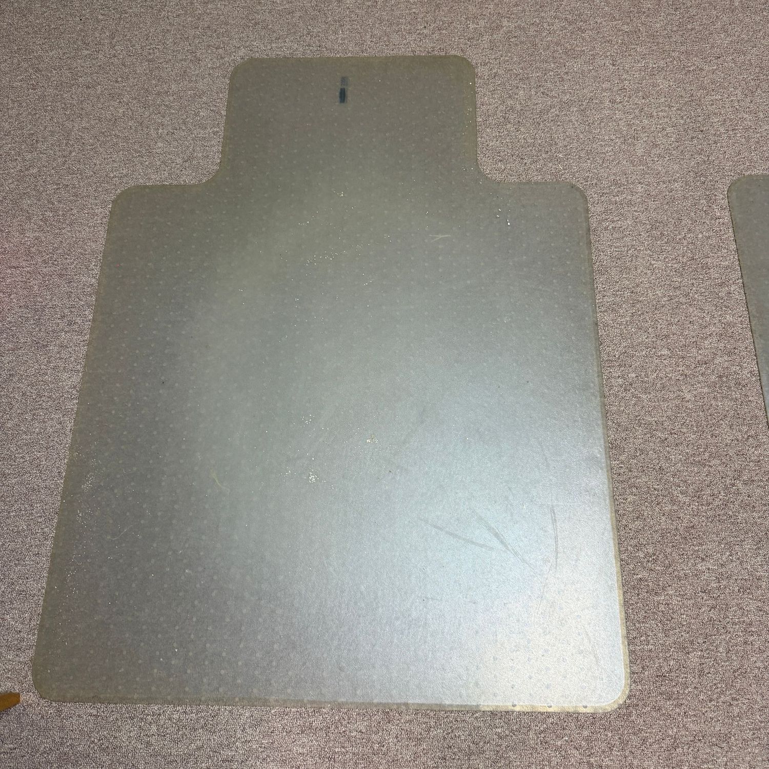 Office chair, thick plastic protective floor mat for carpet, some wear (this item is downstairs) 48 Office chair, thick plastic protective floor mat for carpet, some wear (this item is downstairs) 48" x 34" (L)
