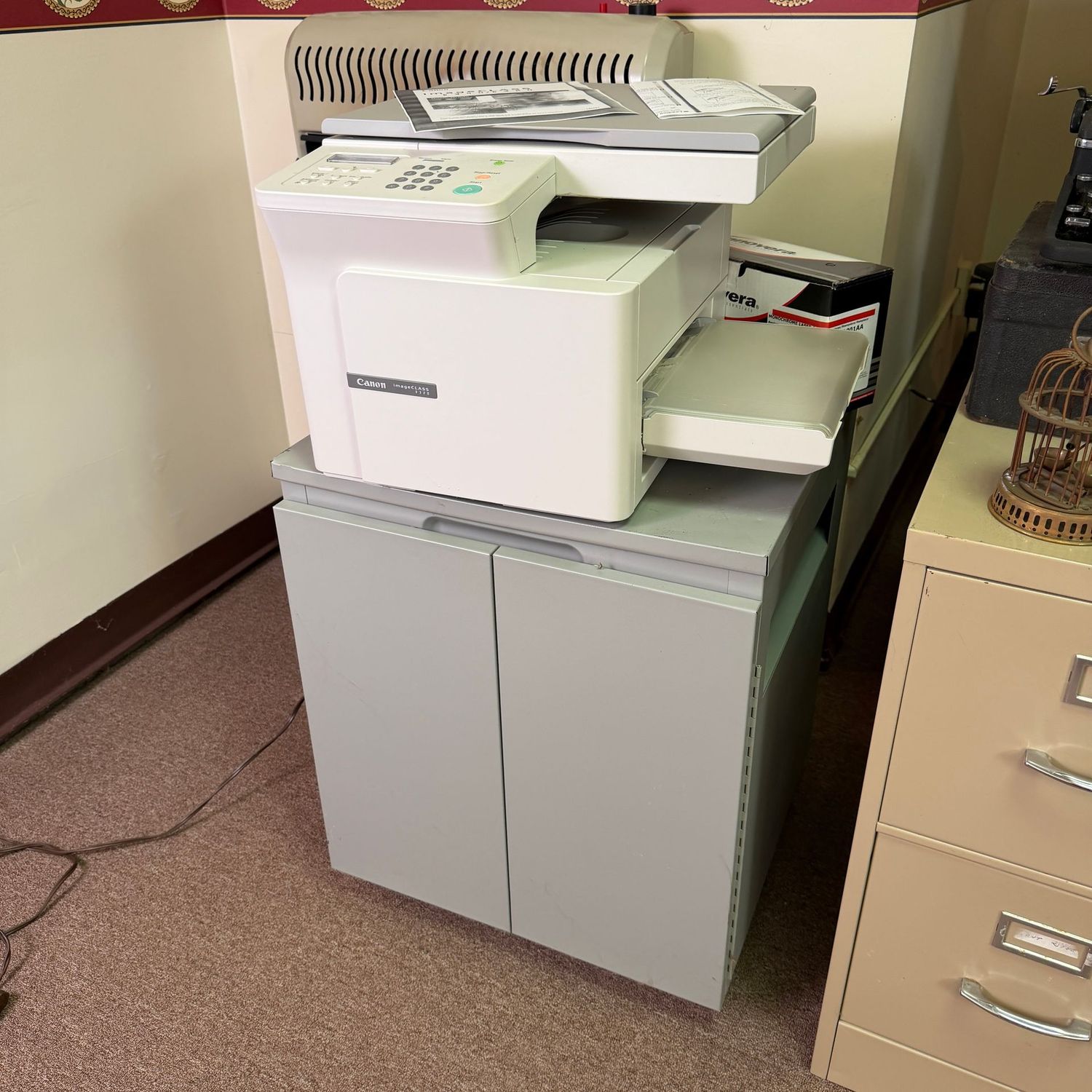 Canon Image Class D320 printer, works well on test, comes with steel cabinet on casters, 16"H x 23"W x 19"D (This item is heavy and in the lower level - OK to use a dolly)