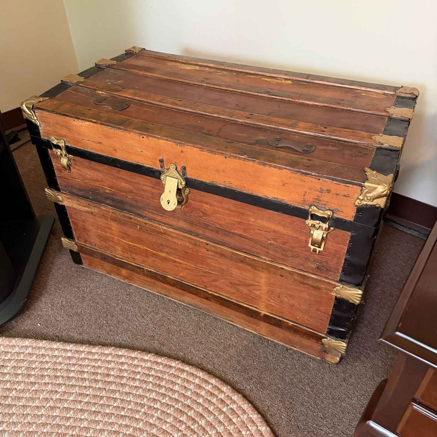 Antique large trunk, 21"H x 34"L x 18"D (This item is heavy and in the lower level - OK to use a dolly)