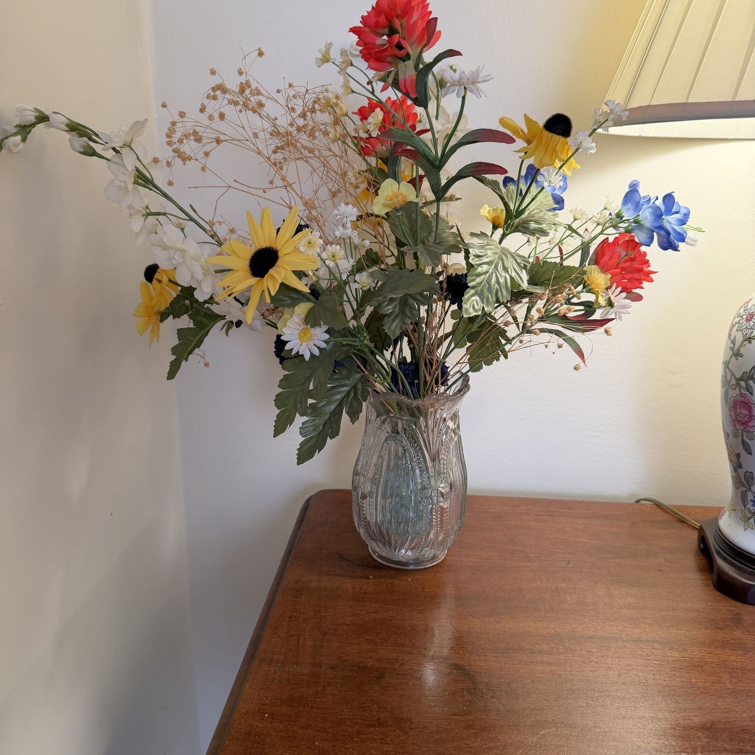 Pressed glass vase, 7"H, with tall floral arrangement