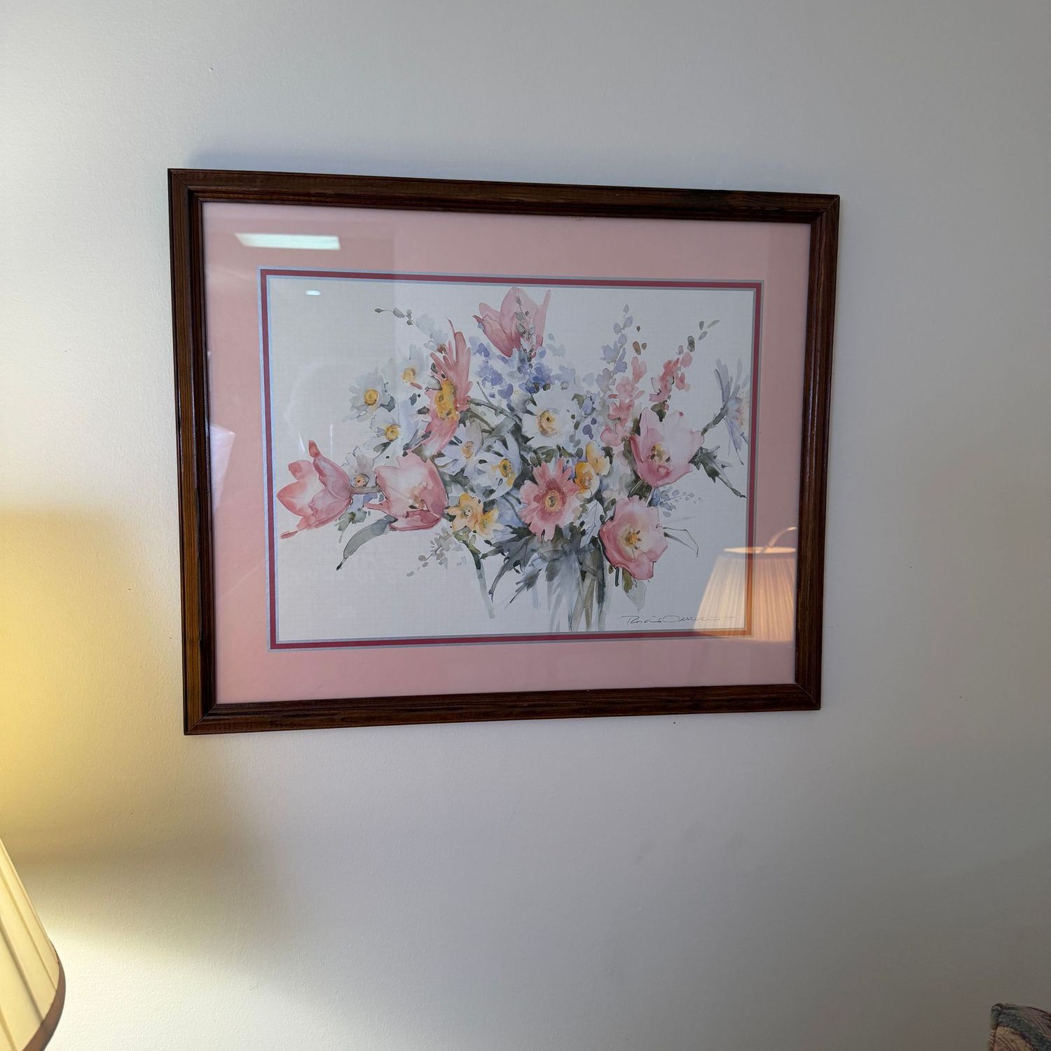 Large pink and white floral cottagecore framed print, 22" x 18"