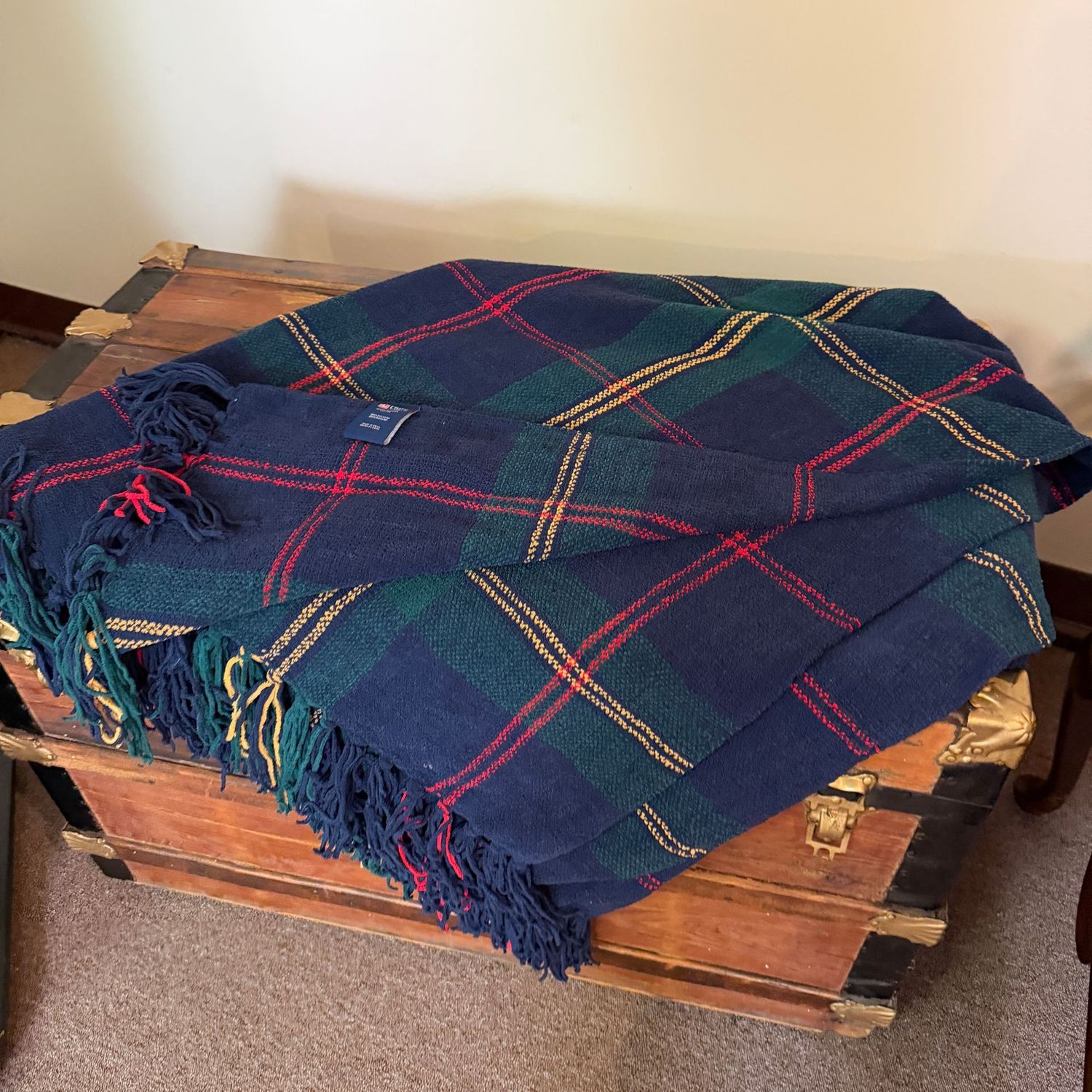 Chaps blue and green plaid fringed throw blanket