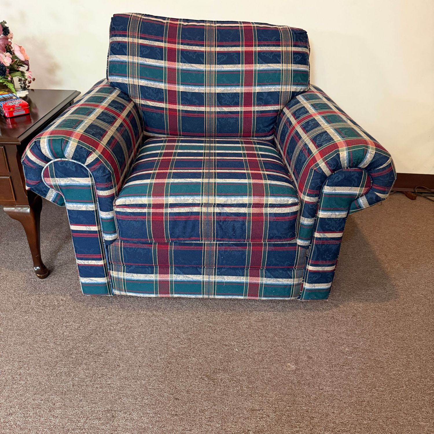 Large Simmons blue, green, and red plaid deep armchair, comfortable, 34"H x 34"D x 42"W (This item is heavy & in the lower level)