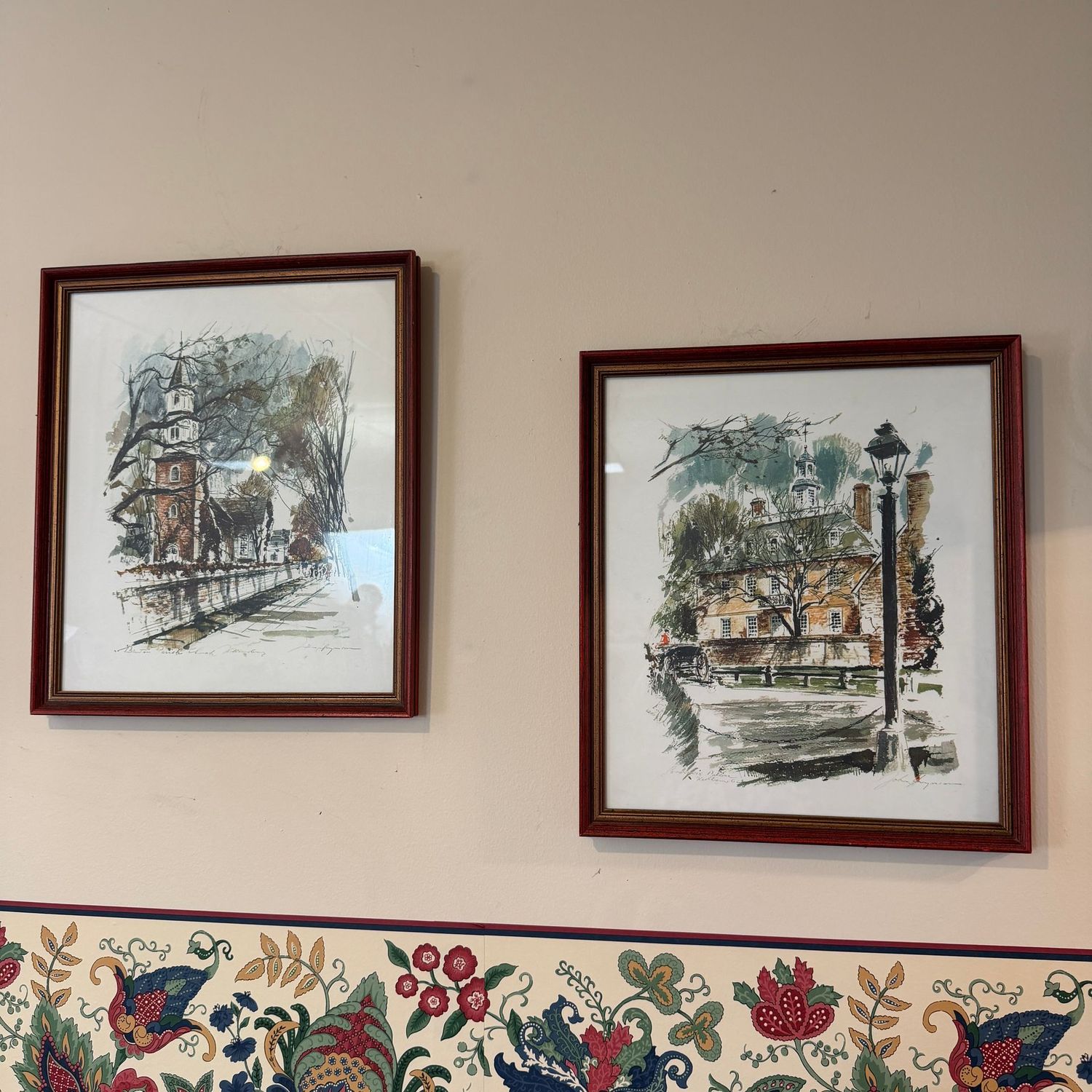 Bruton Parish Church and the Governor's Palace,  Colonial Williamsburg framed prints by John Haymson, (LL) 13" x 16"