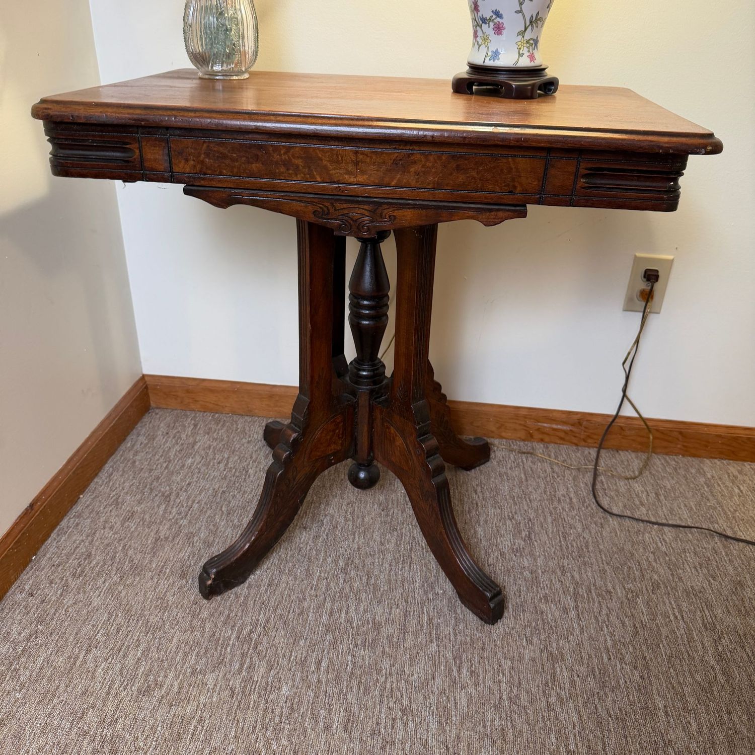 Victorian parlor table, sturdy and in very nice condition, some minor spots and fine scratches, 27"H x 29"L x 19"D (This item is in the lower level)