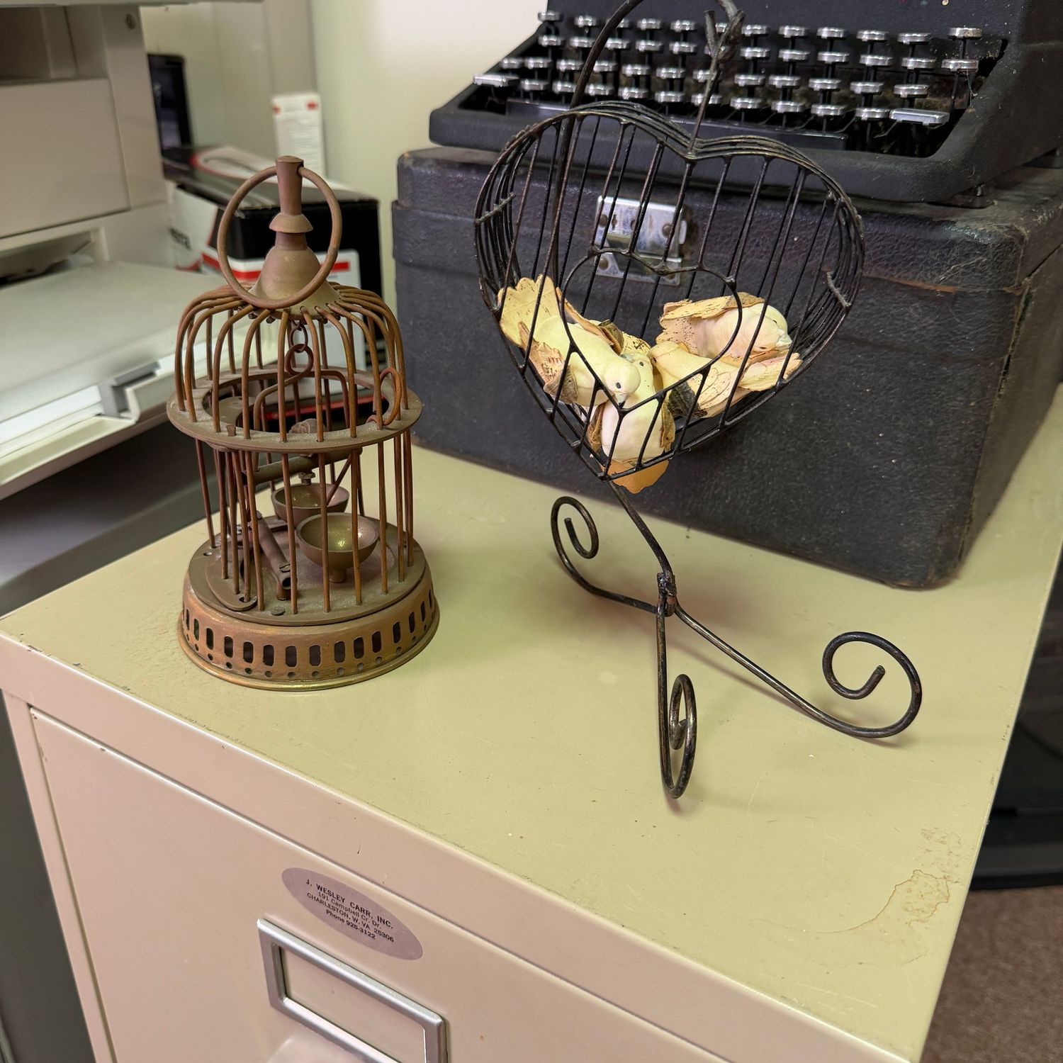 Brass birdcage (approx. 7"H) and heart caged potpori stand,