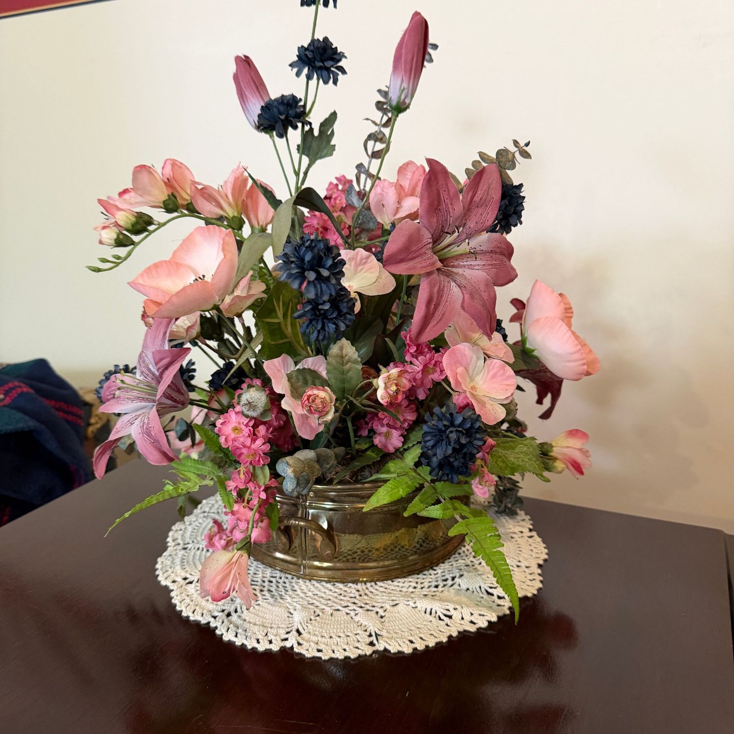 Pink lily arrangement in round brass planter, 16"H