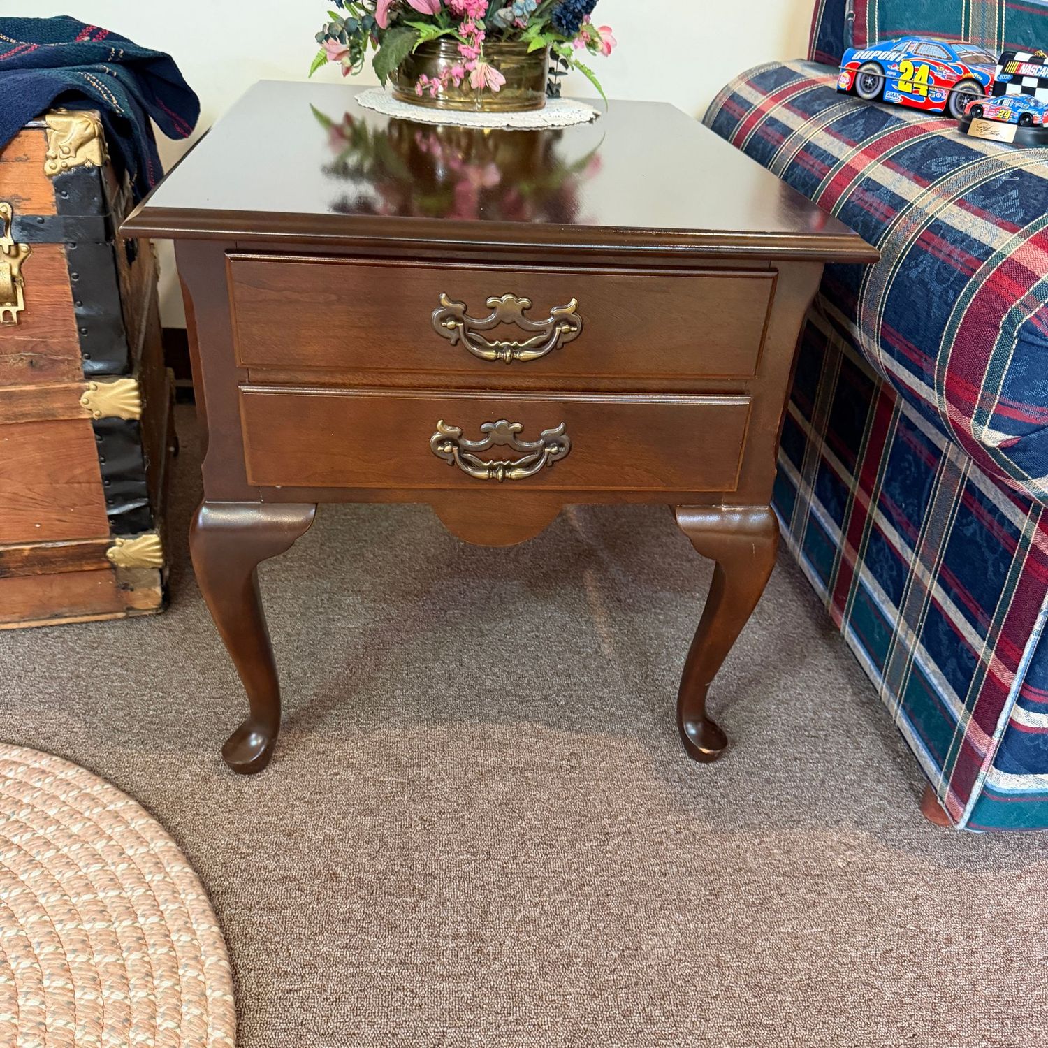 Large rectangular side table with two drawers, Queen Anne, minor scratches, 21"H x 21"W x 26"L (This item is heavy and in the lower level)