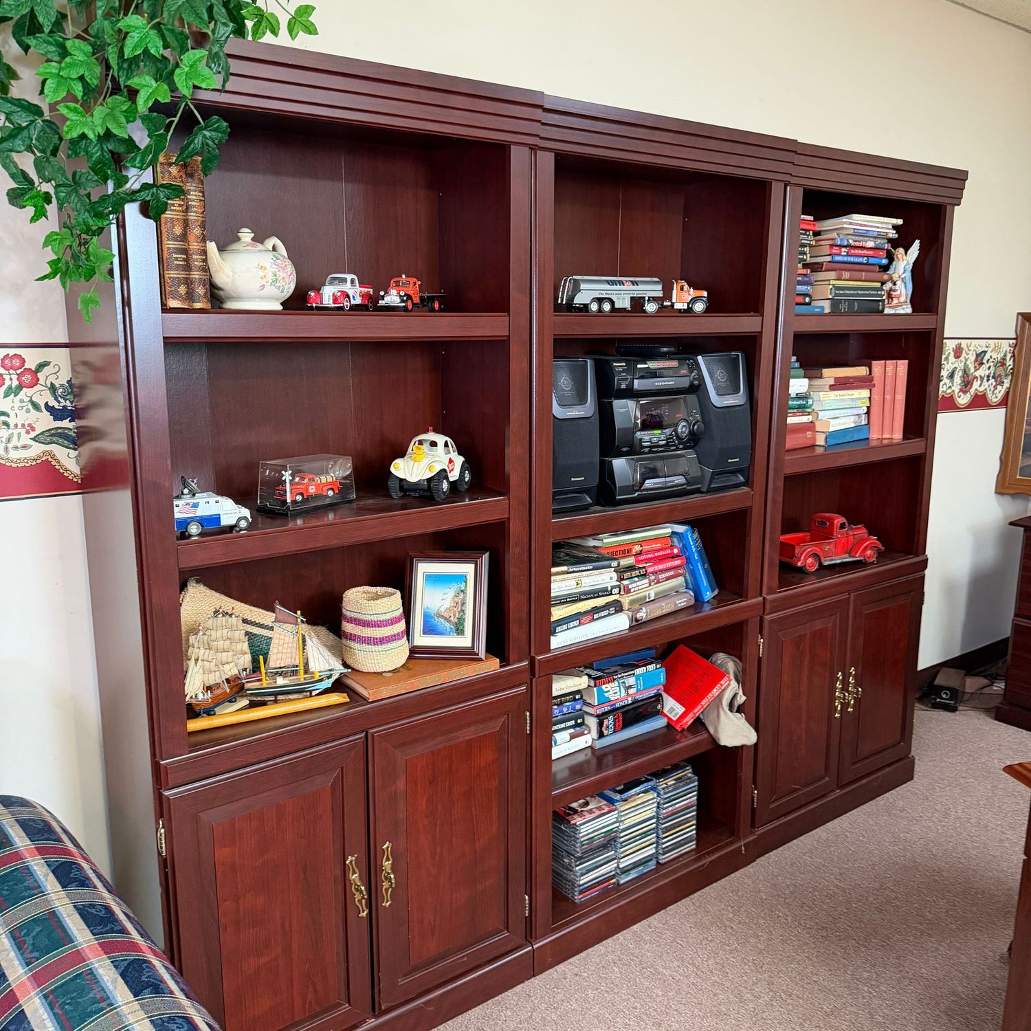 Three cherry laminate bookshelves, cabinets, good condition, each is 6'H x 13 Three cherry laminate bookshelves, cabinets, good condition, each is 6'H x 13"D x 30"W (This item is heavy and in the lower level - OK to use a dolly)