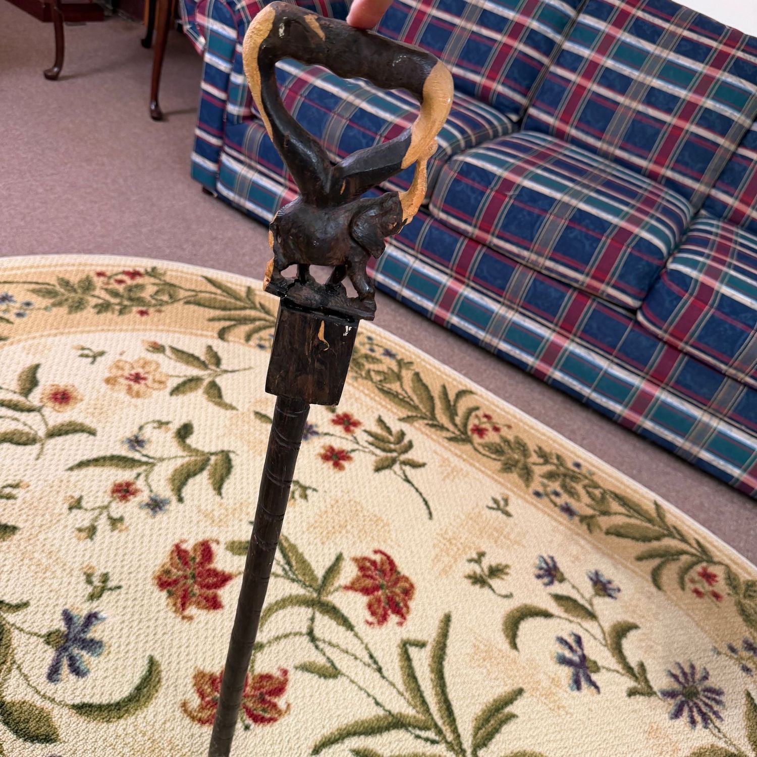 Carved elephant walking cane, some wear, 35 Carved elephant walking cane, some wear, 35"