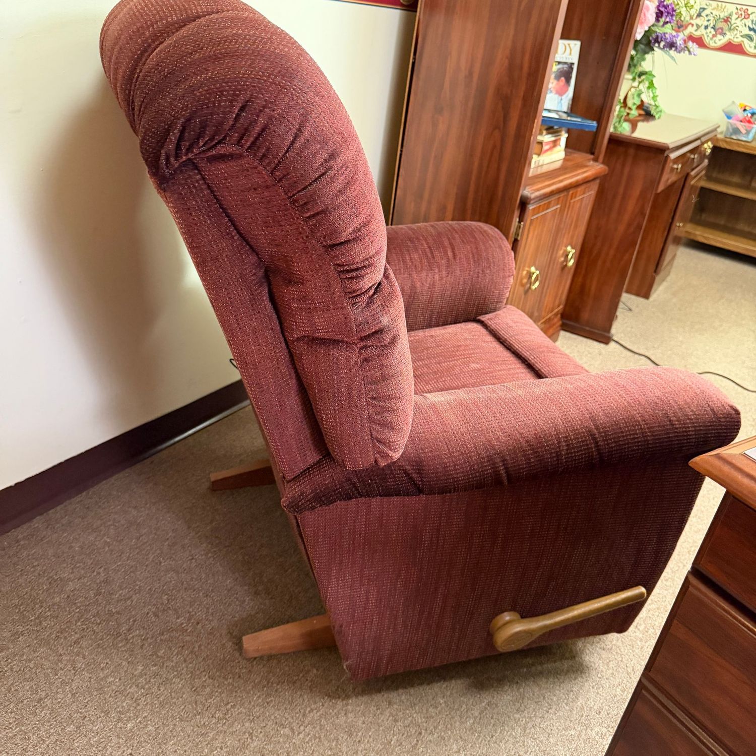 Overstuffed burgundy La-Z-Boy recliner, 40"H x 36"W (This item is heavy and in the lower level - OK to use a dolly)