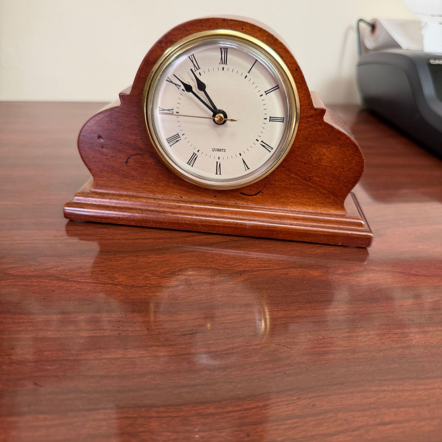 Small wooden Bombay battery-operated desk clock, 7"