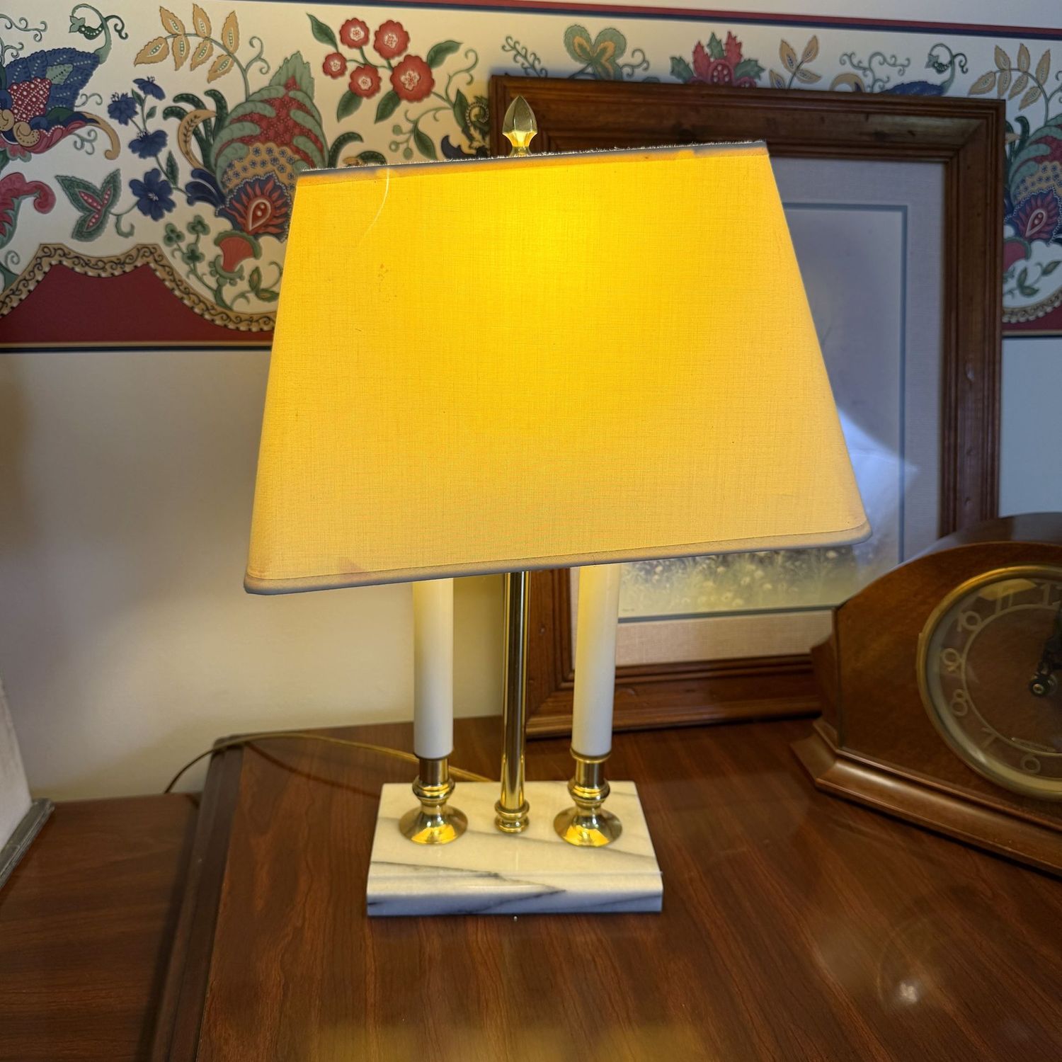 Desk lamp with marble base, shade shows wear, 17"H x 13"W
