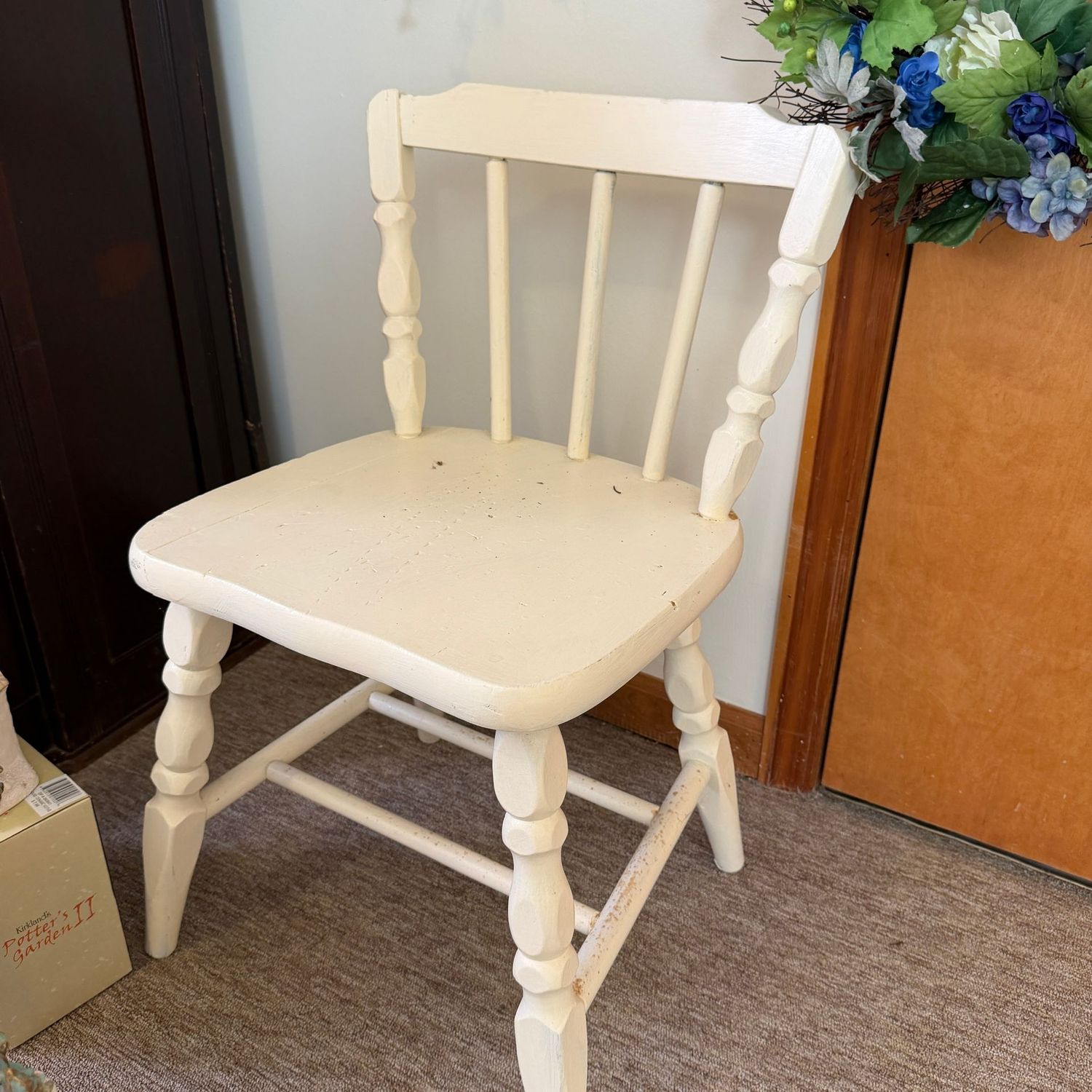 Off-white vanity chair, low back, needs some refurbishing, 28"H x 15"W (This item is in the lower level)