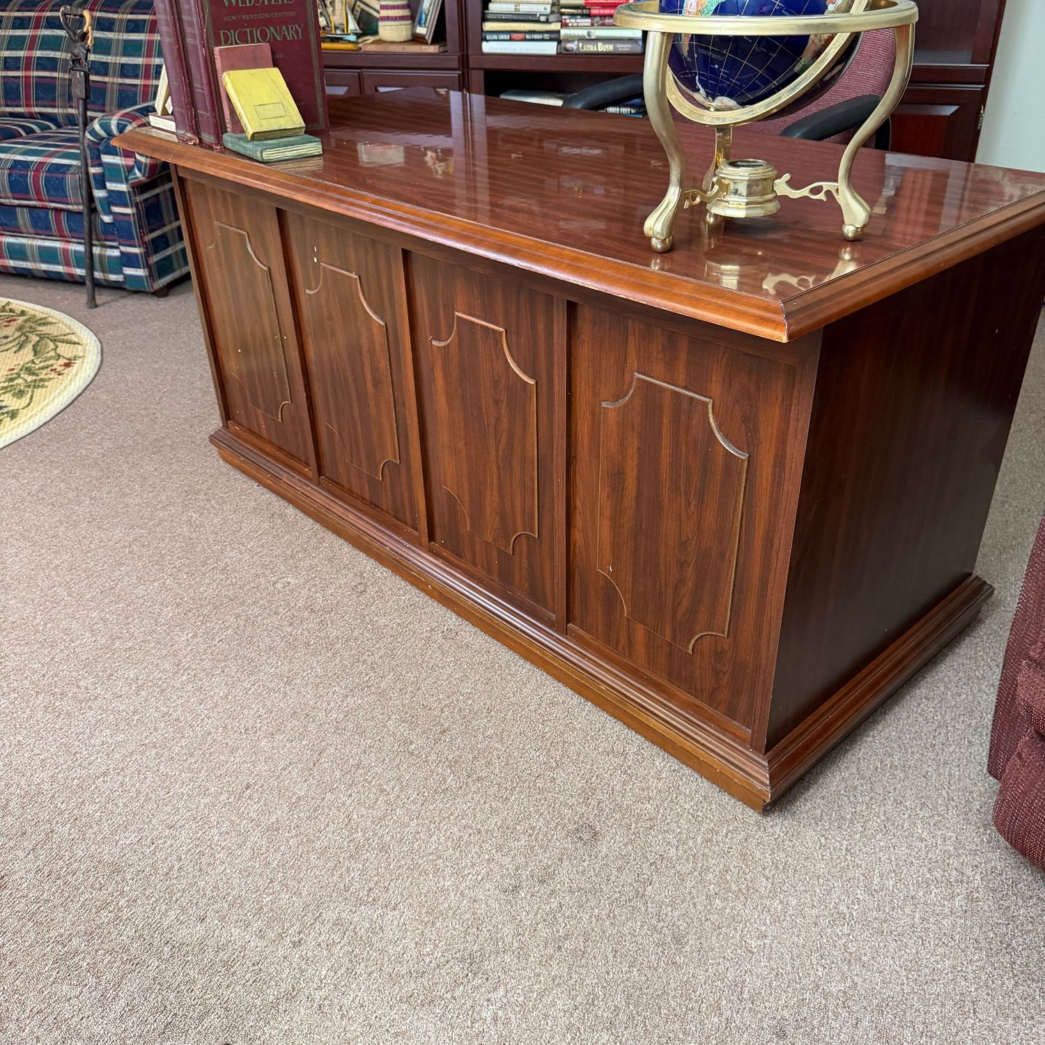 Large laminate office desk, some scratches, drawers open easily, 30"H x 28"D x 60"L (This item is heavy and in the lower level - OK to use a dolly)