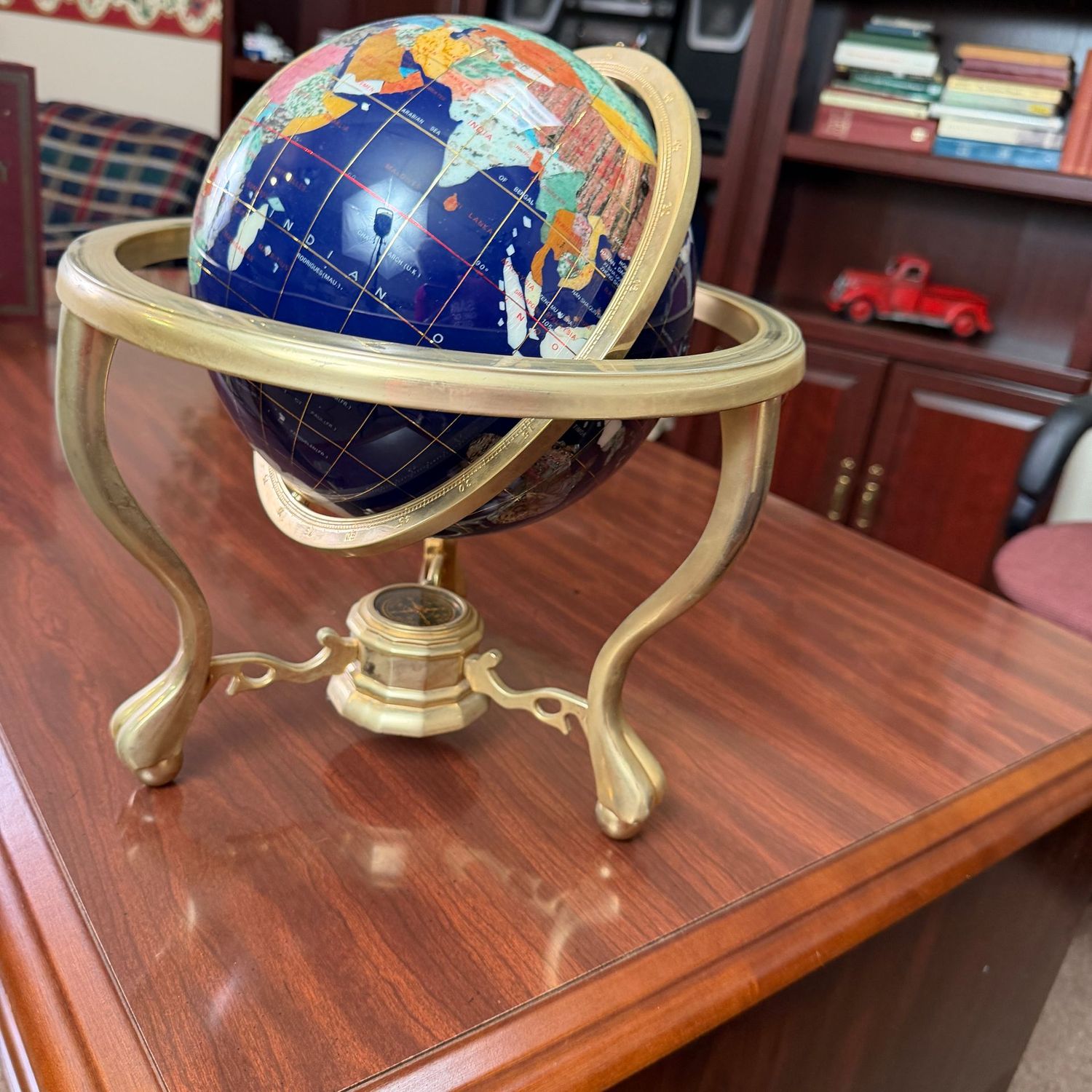 Desktop world globe, inlaid semi-precious gemstones, built-in compass, solid brass stand 14.5"H