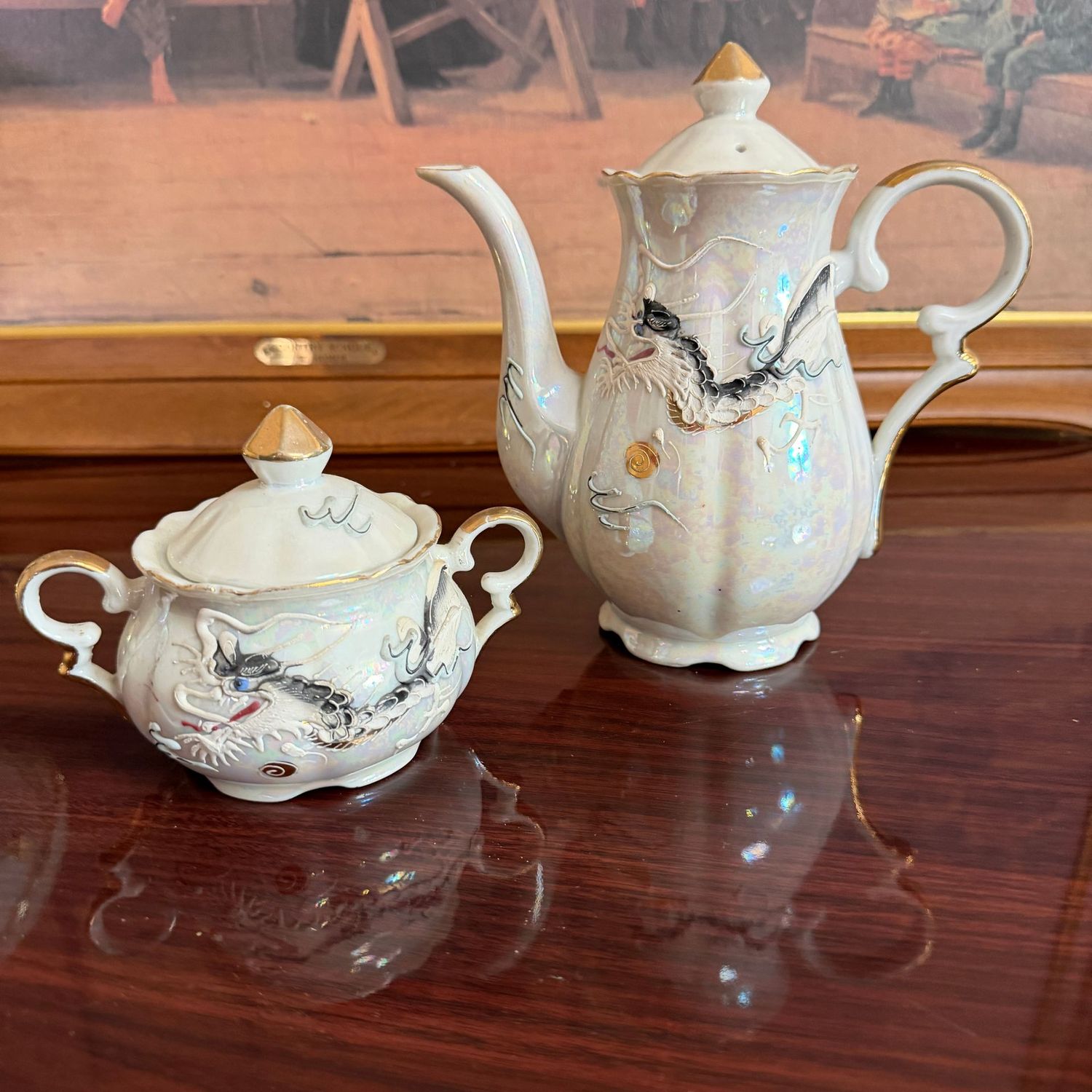 Luster dragonware teapot and sugar Luster dragonware teapot and sugar