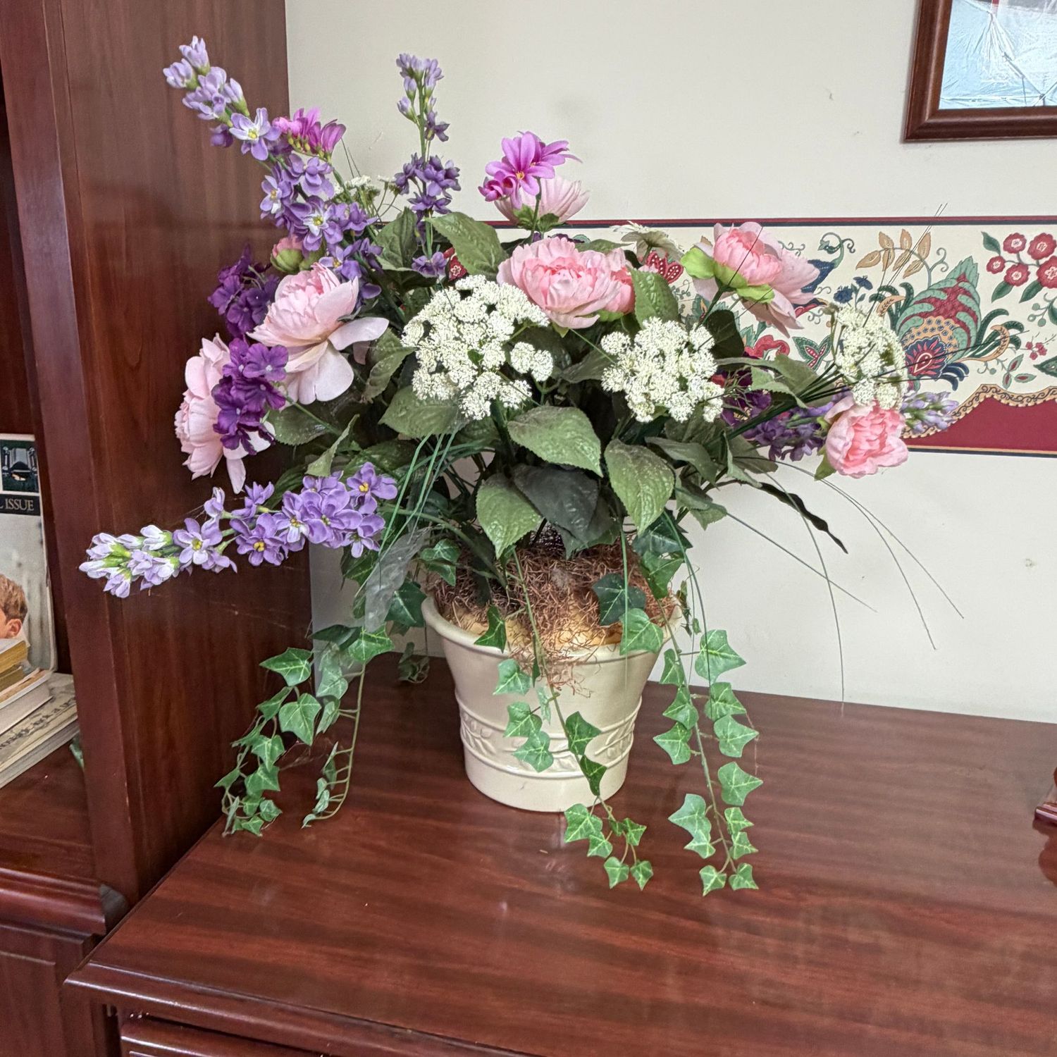 Large pink and purple arrangement in a ceramic planter, 26 Large pink and purple arrangement in a ceramic planter, 26"H